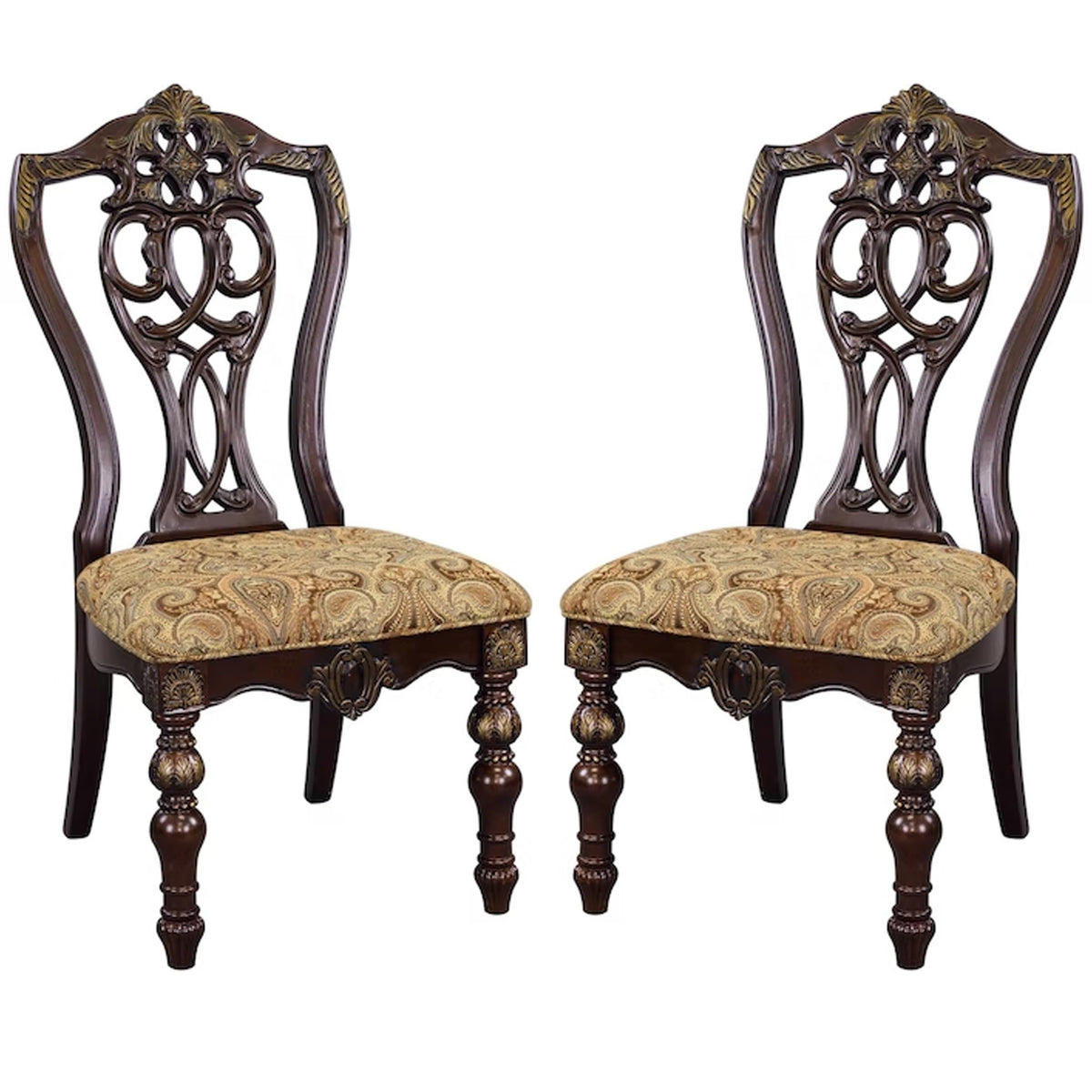 Benzara Bm181814 Fabric Upholstered Wooden Side Chair With Intricate Back, Cherry Brown, Set Of 2