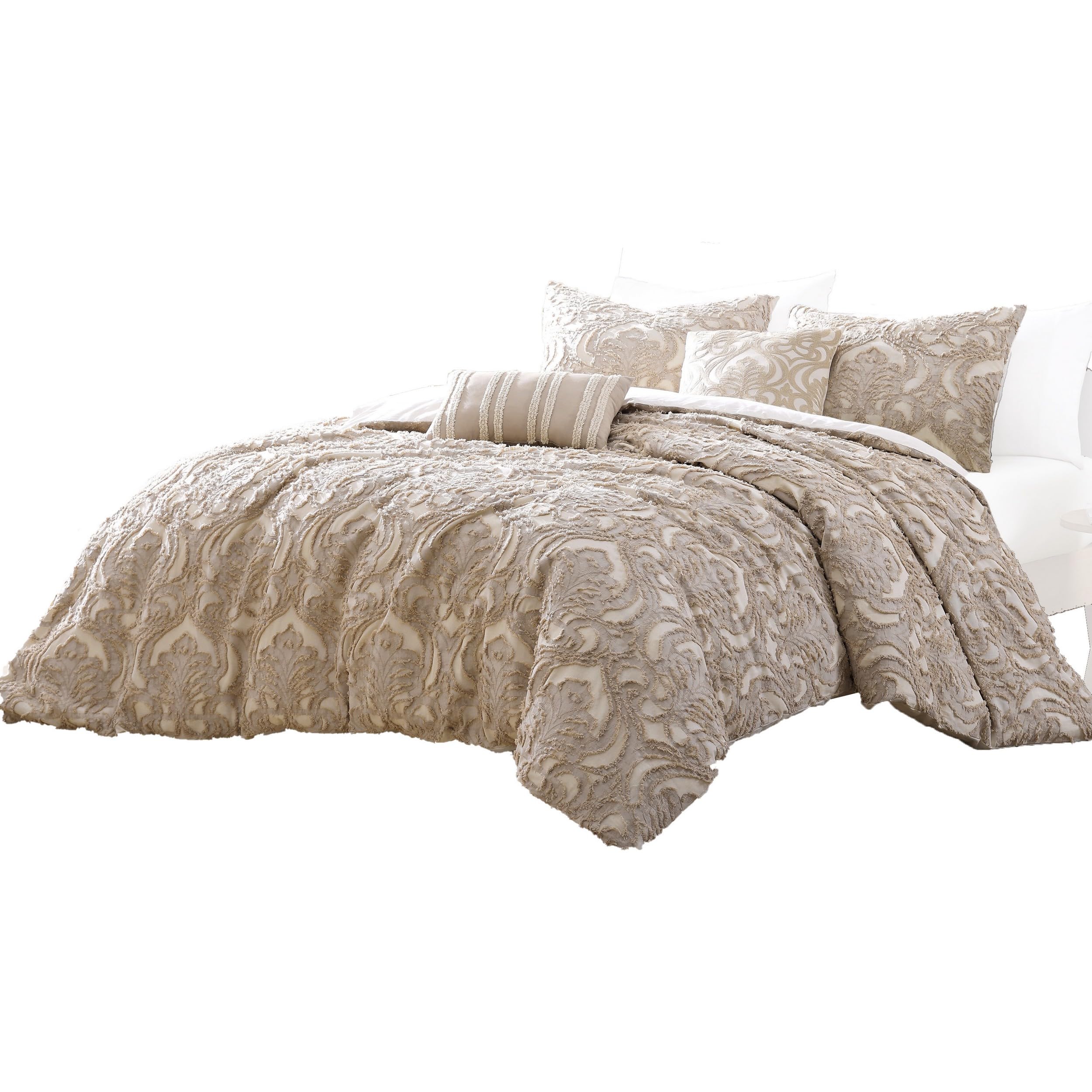 Kile Modern 6 Piece Queen Size Duvet Comforter Set, Beige Medallion Pattern