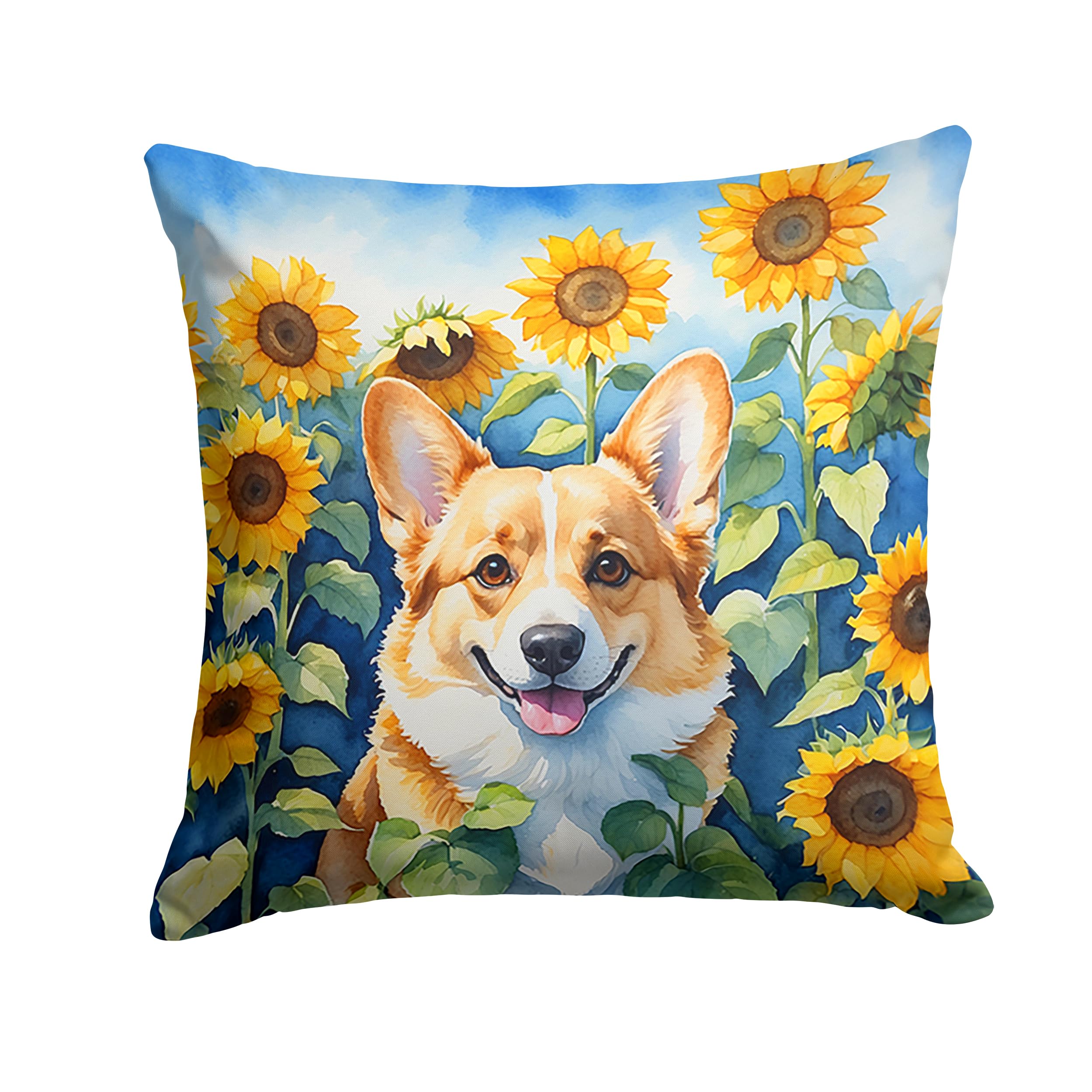 Carolines Treasures in Sunflowers Throw Pillow, 18Hx18W, Corgi 6062