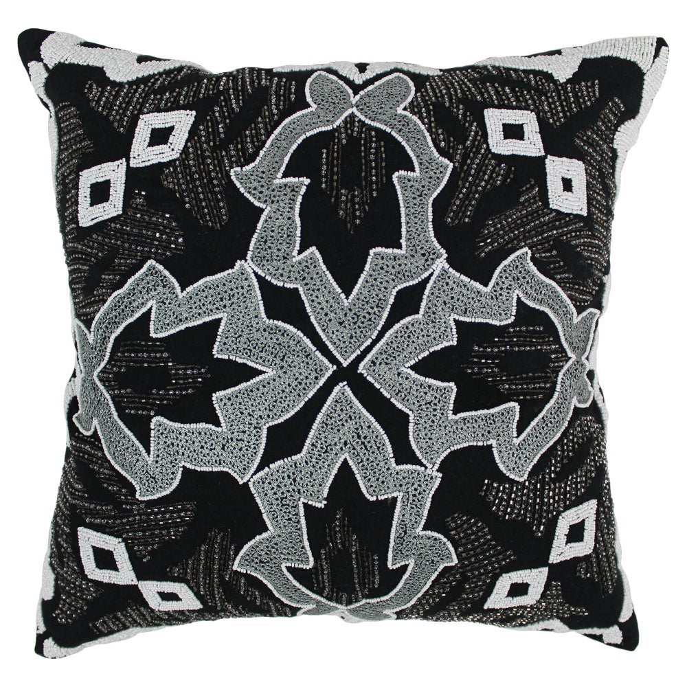 Blazing Needles 20-inch Symmetrical Floral Beaded Throw Pillow  - White Beads/ Black Fabric