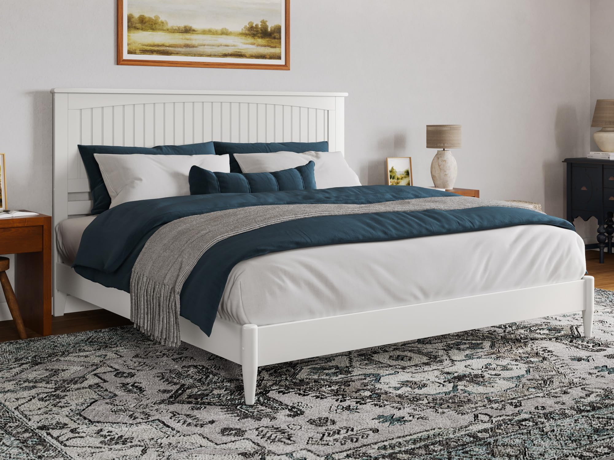 Naples King Solid Wood Low Profile Platform Bed in White