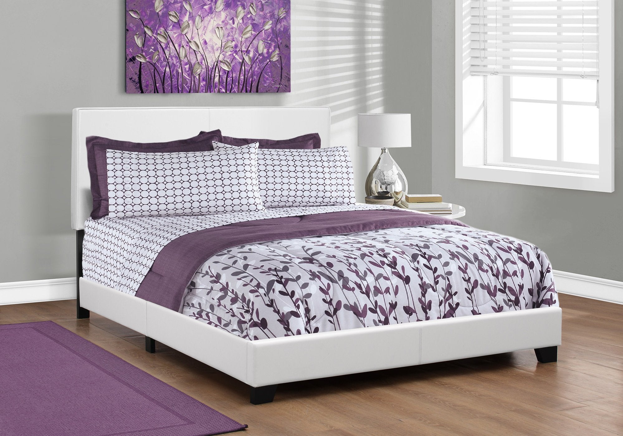 Bed, Queen Size, Platform, Bedroom, Frame, Upholstered, Pu Leather Look, Wood Legs, White, Transitional