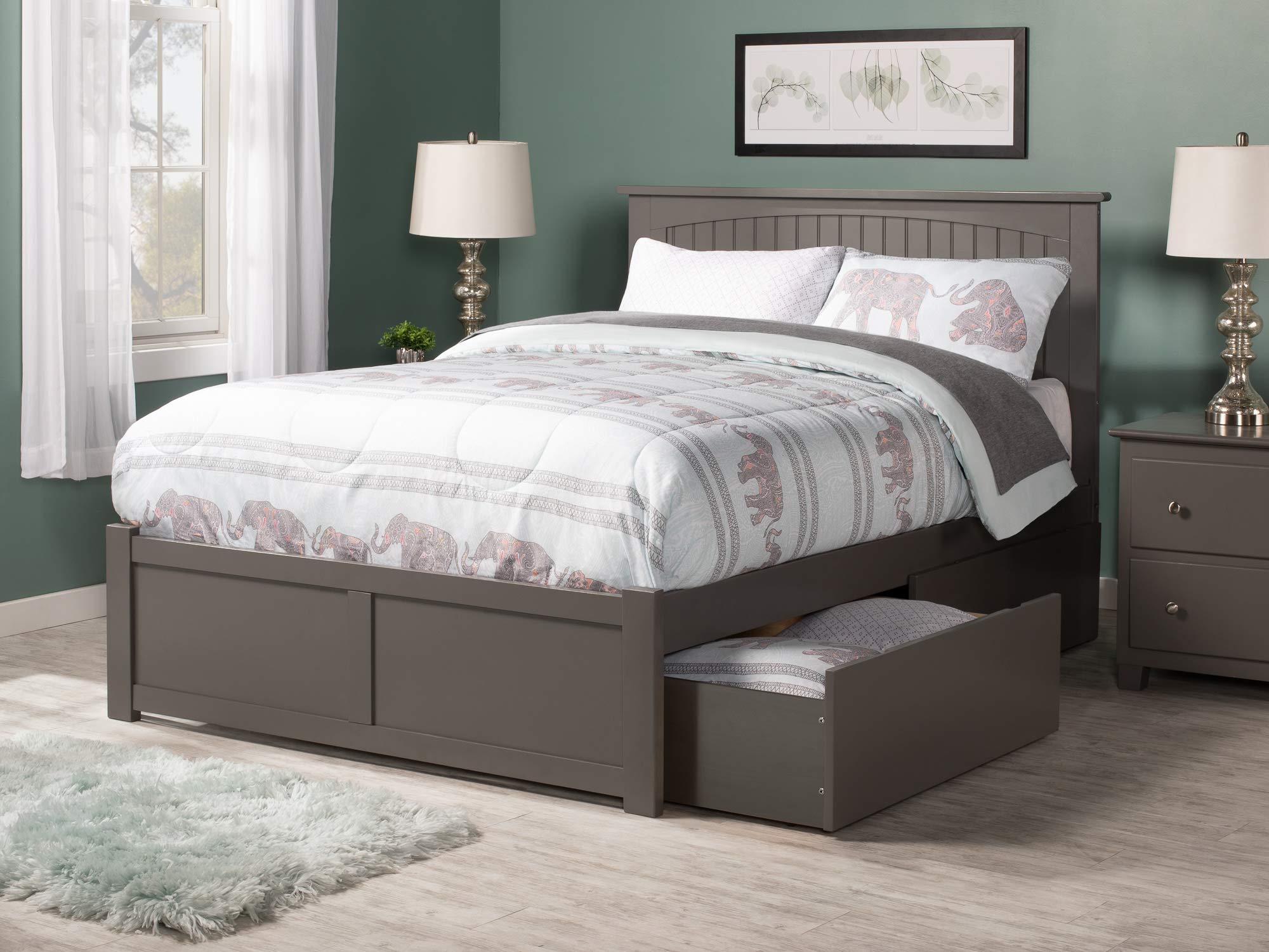 Nantucket Full Solid Wood Platform Bed with Footboard & 2 Storage Drawers in Grey
