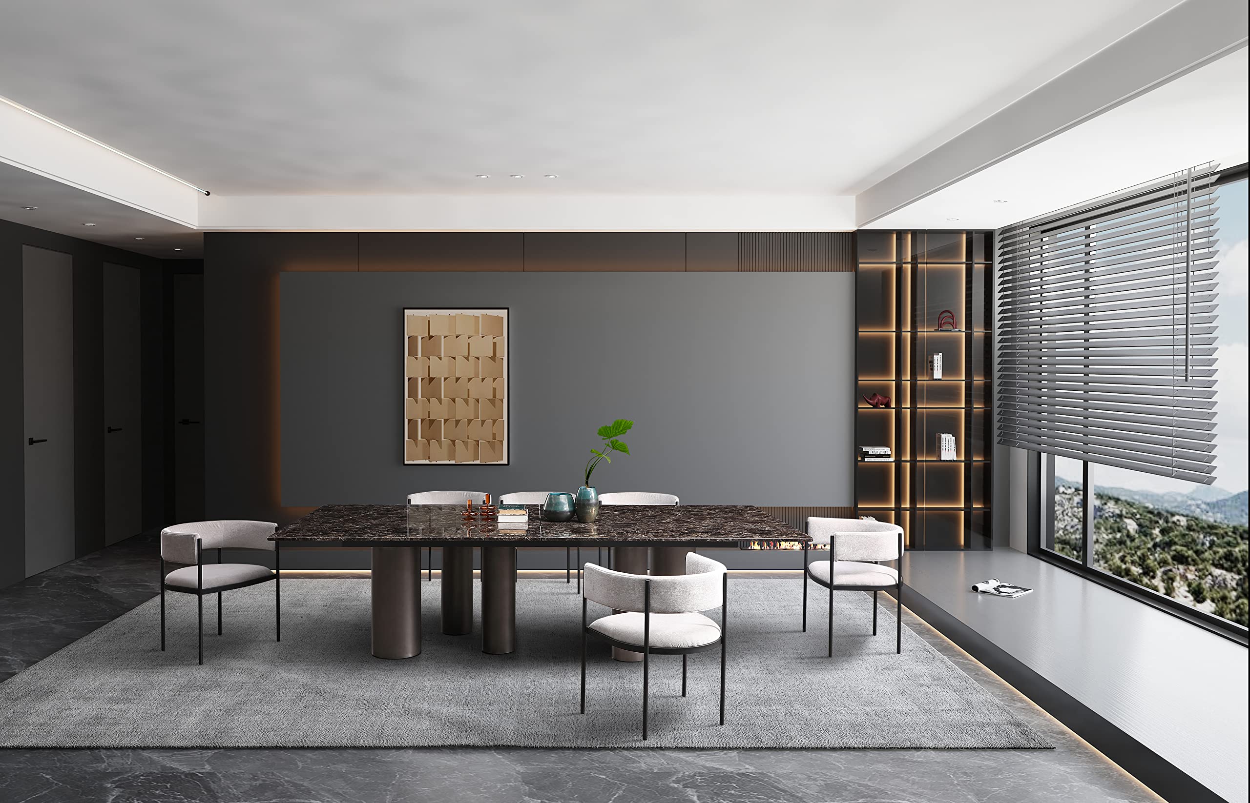 Envie Dining Table, Dark Emperador Marble Glossy Top, Base:Polished Black Bronze