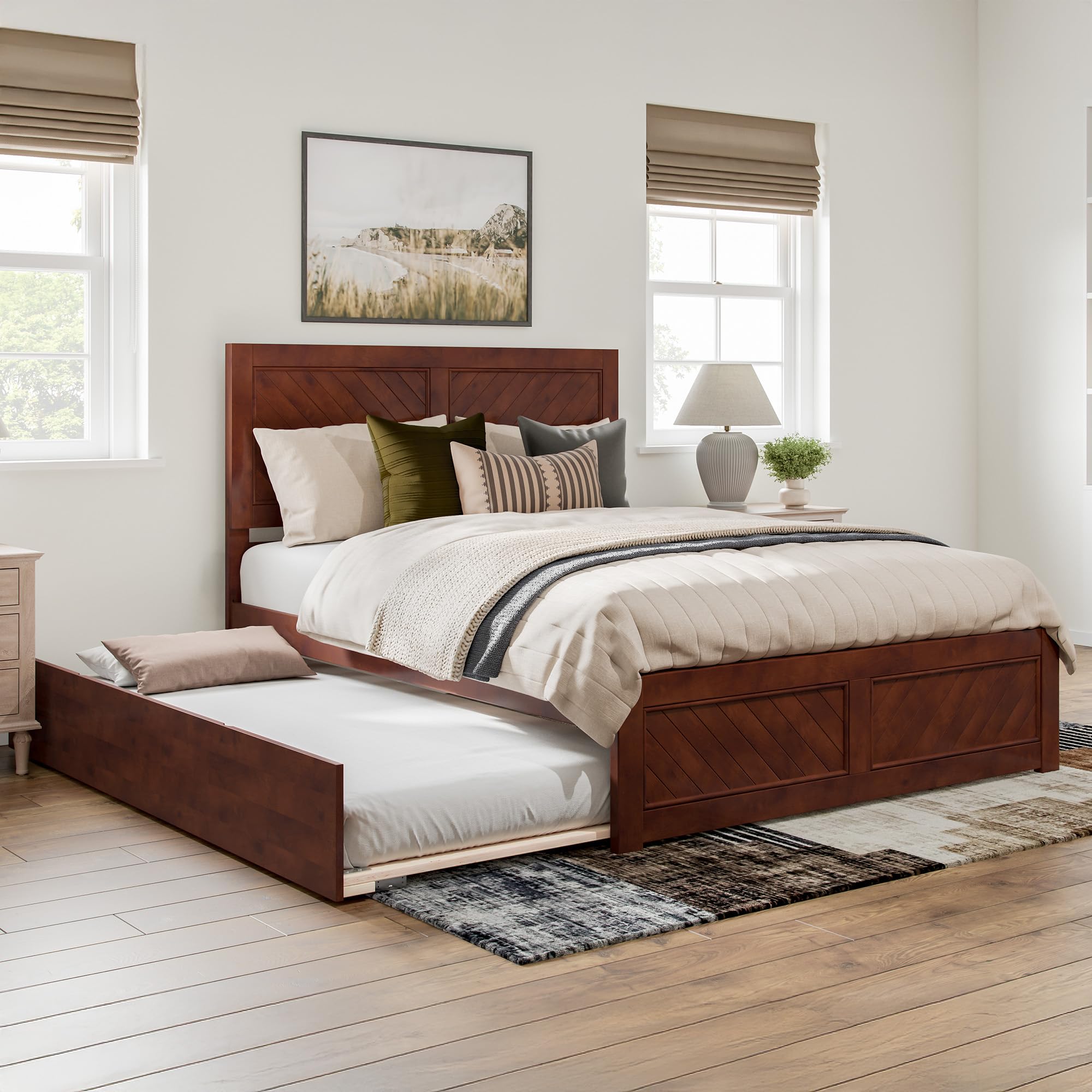 Canyon Queen Platform Bed with Matching Footboard and Twin XL Trundle in Walnut