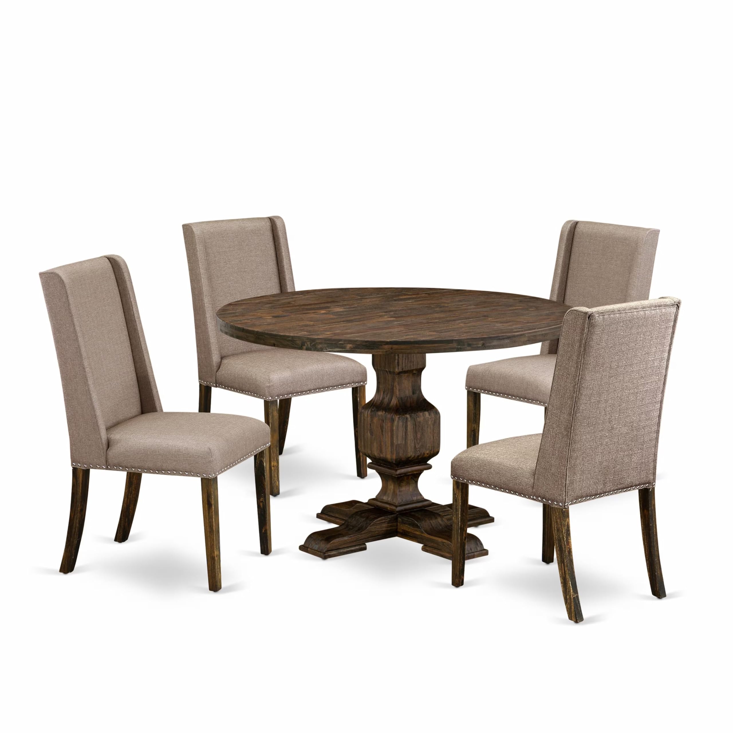 I3FL5-716 5Pc Dining Set - Round Table and 4 Parson Chairs - Distressed Jacobean Color