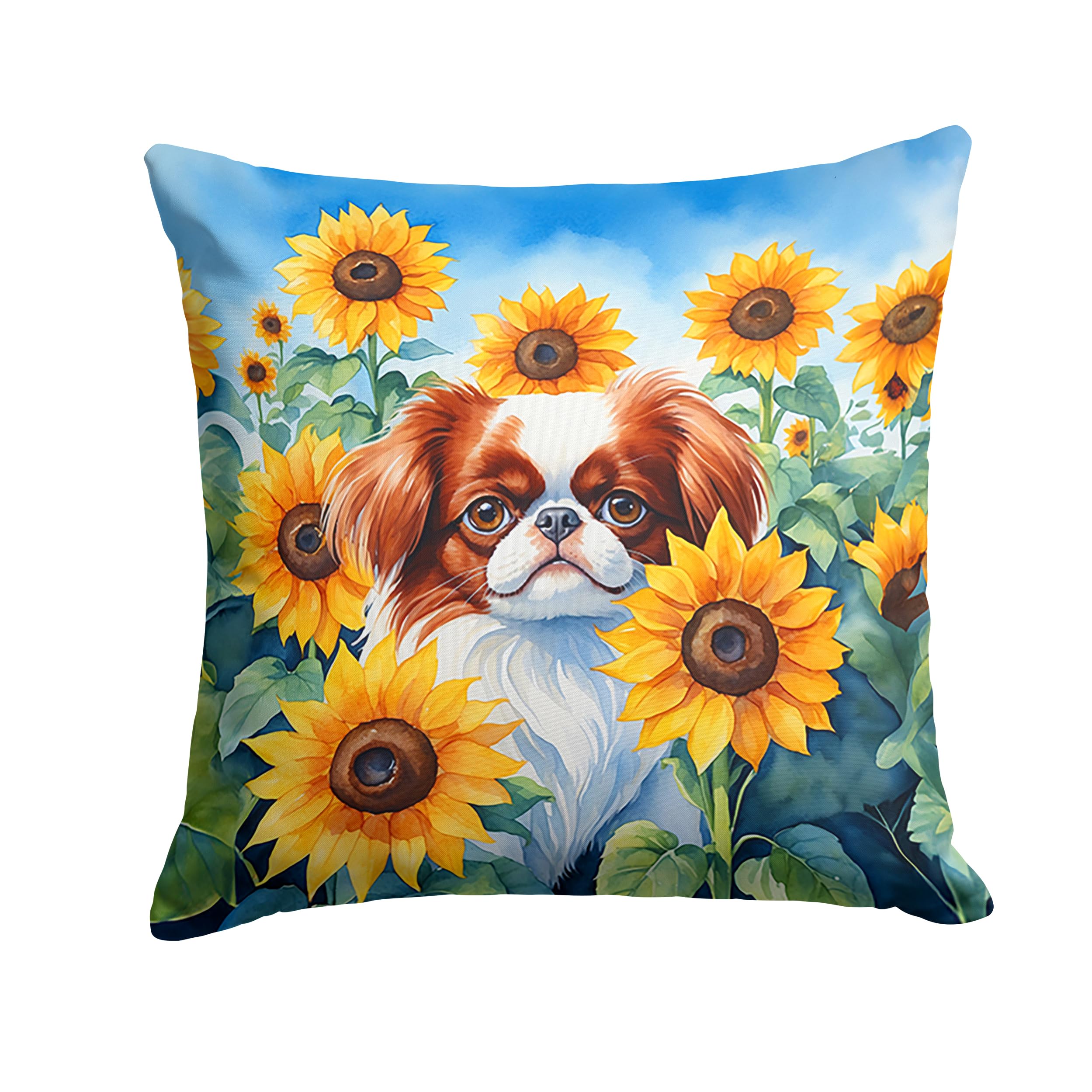 Japanese Chin in Sunflowers Throw Pillow