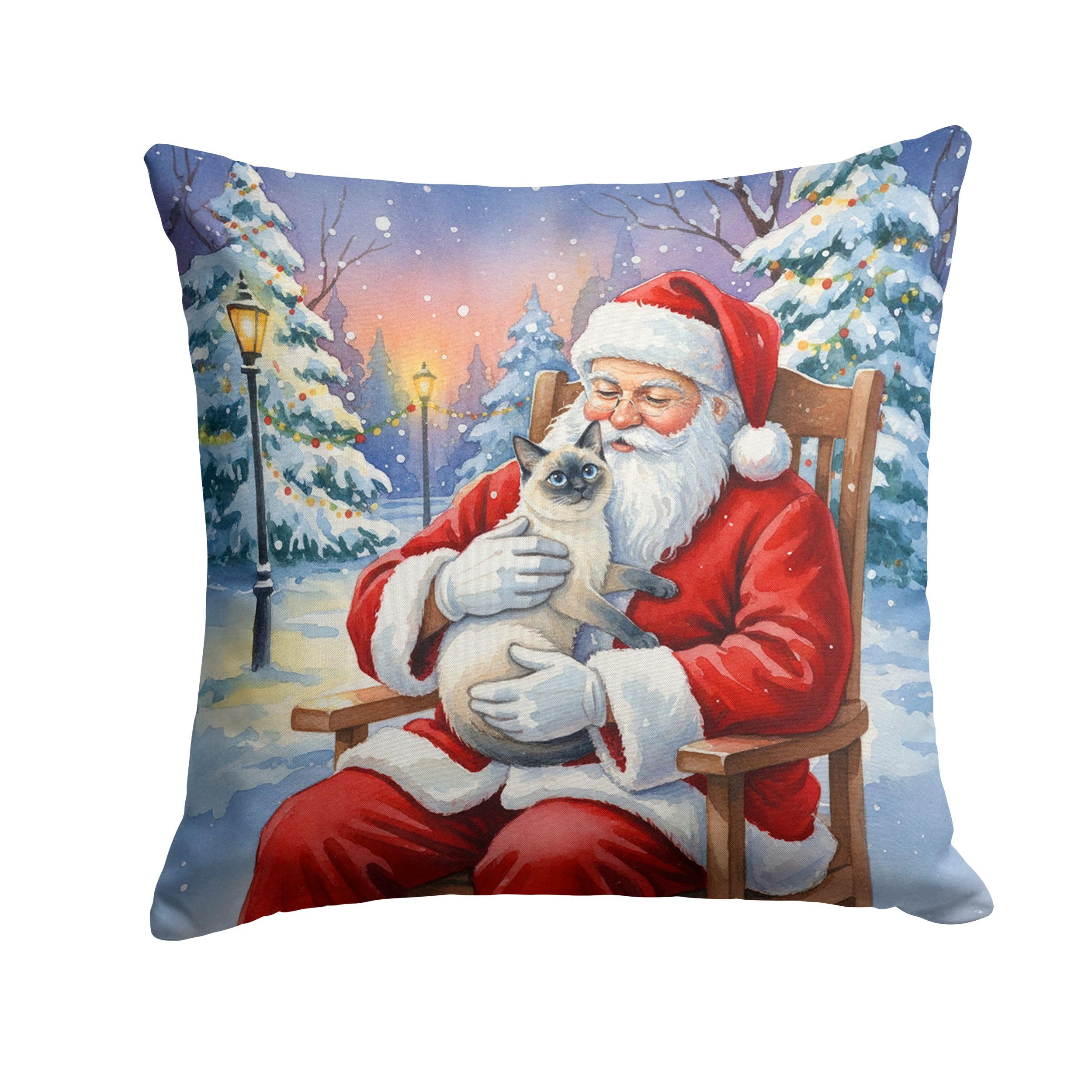 Carolines Treasures Blue Point Cat with Santa Claus Throw Pillow Decorative Indoor Outdoor Accent Cushion for Couch, Bed or Patio, 14Hx14W