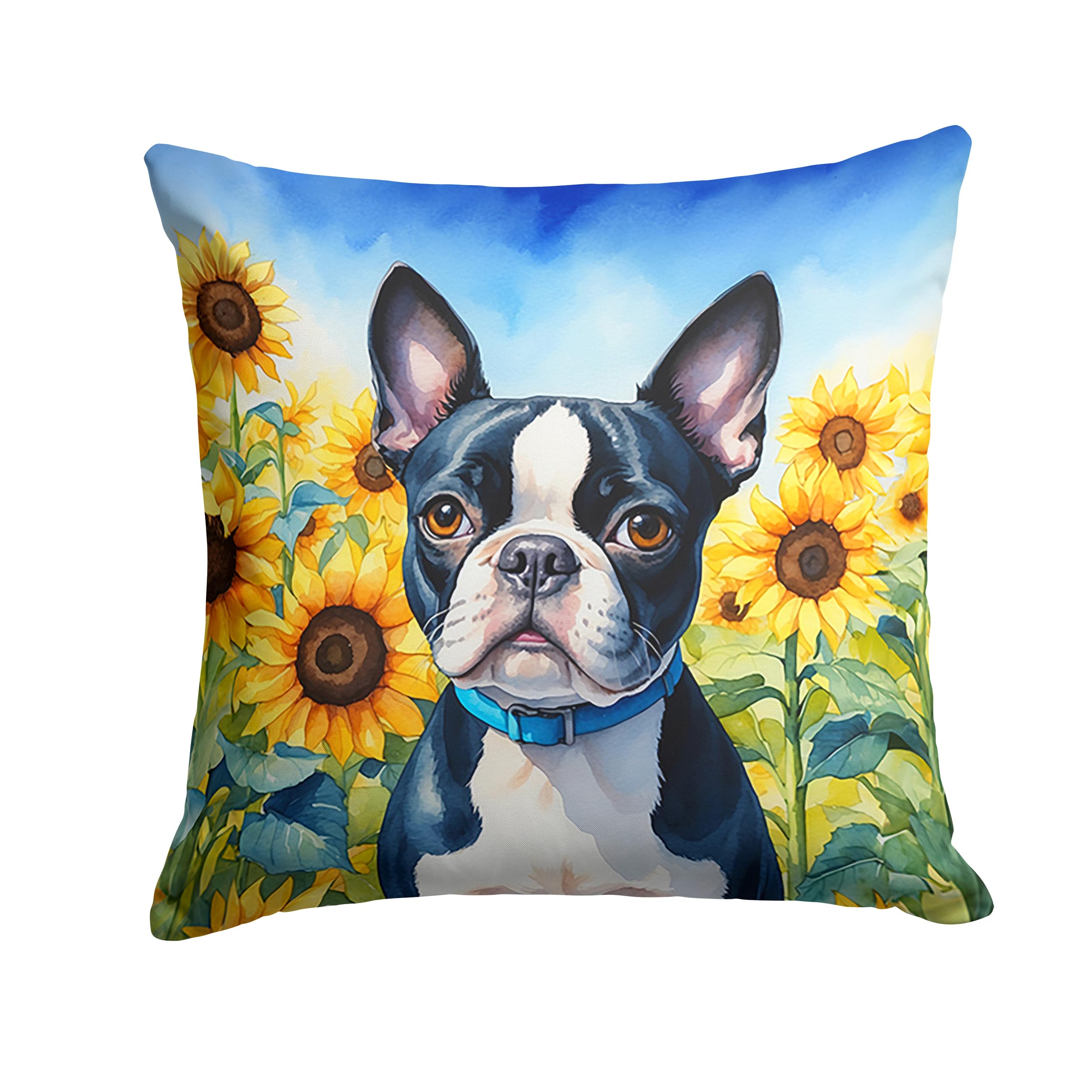Carolines Treasures in Sunflowers Throw Pillow, 18Hx18W, Boston Terrier 6036