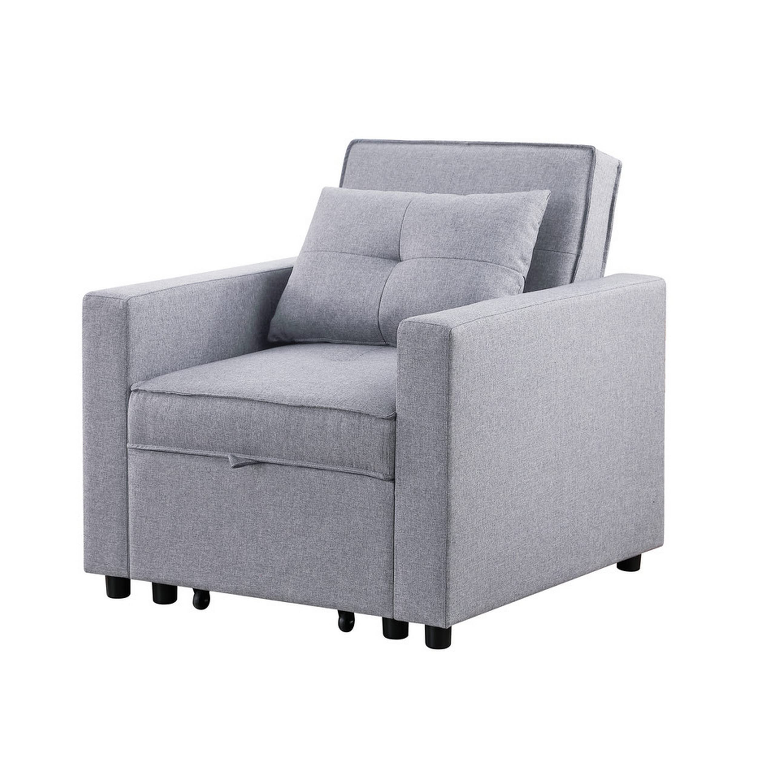 Vito 34 Inch Convertible Sleeper Armchair, Side Pocket, Light Gray Linen