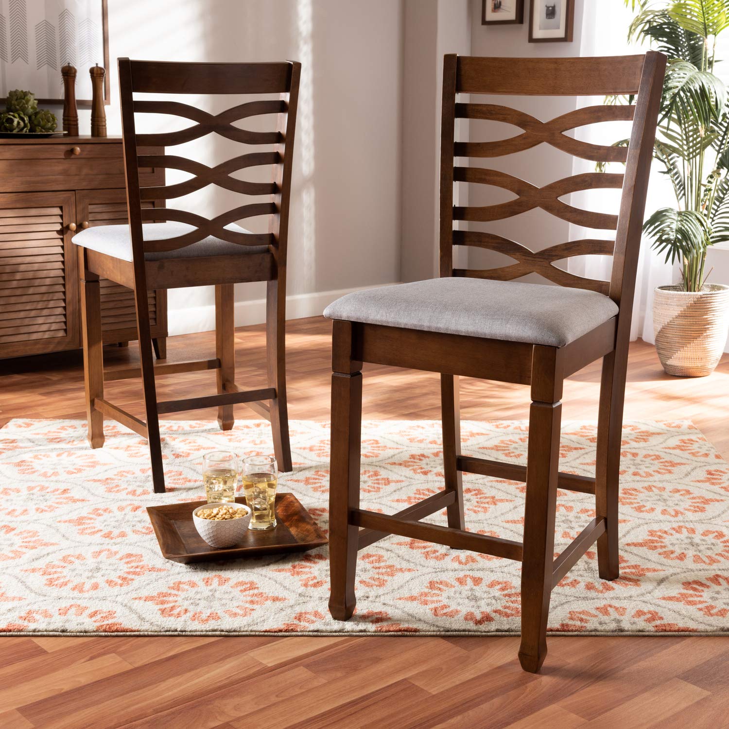 Baxton Studio Lanier Modern And Contemporary Grey Fabric Upholstered Walnut Brown Finished 2-Piece Wood Counter Height Pub Chair