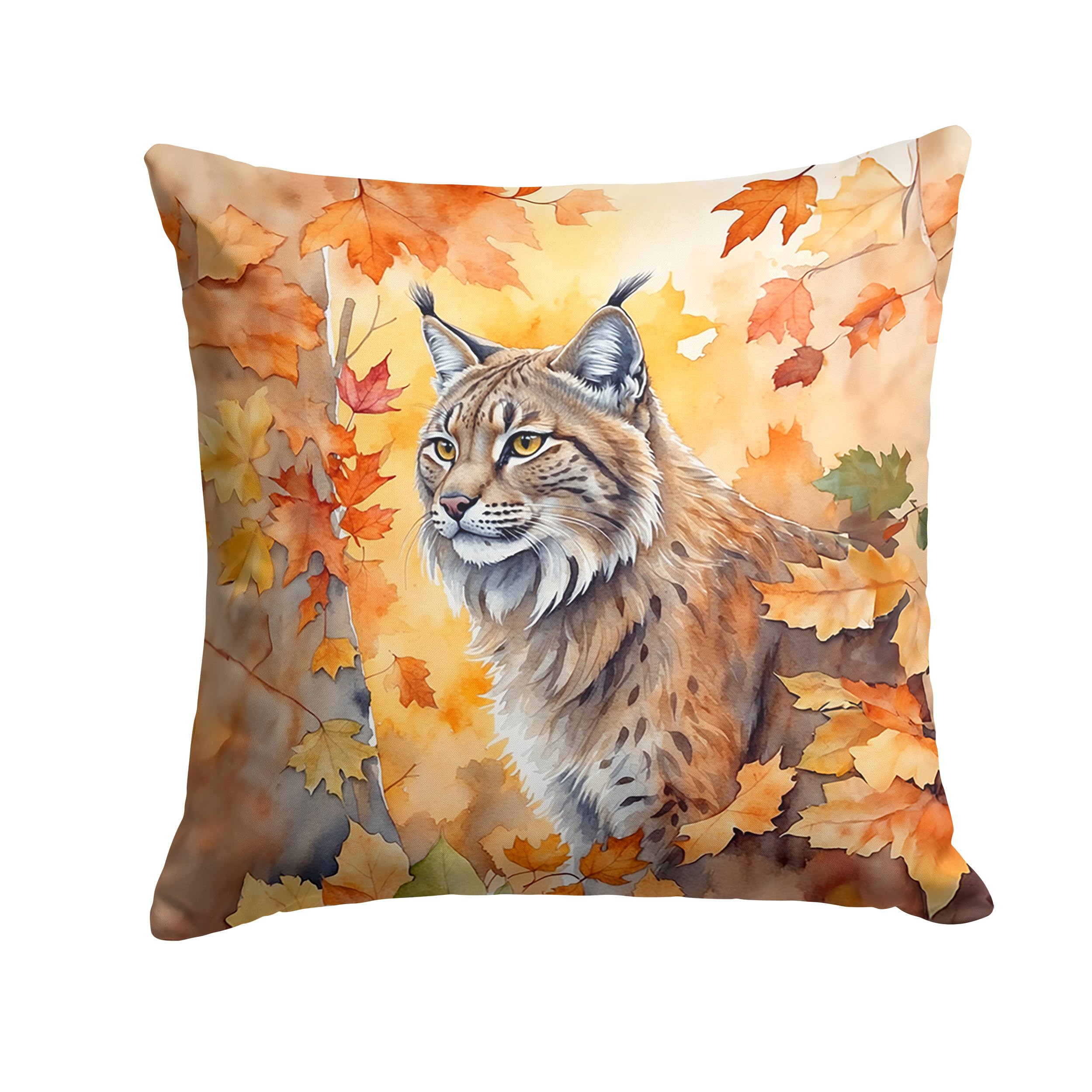 Carolines Treasures Highlander Lynx Cat in Fall Leaves Throw Pillow Machine Washable, Indoor Outdoor Decorative Pillow for Couch, Bed or Patio, 14Hx14W