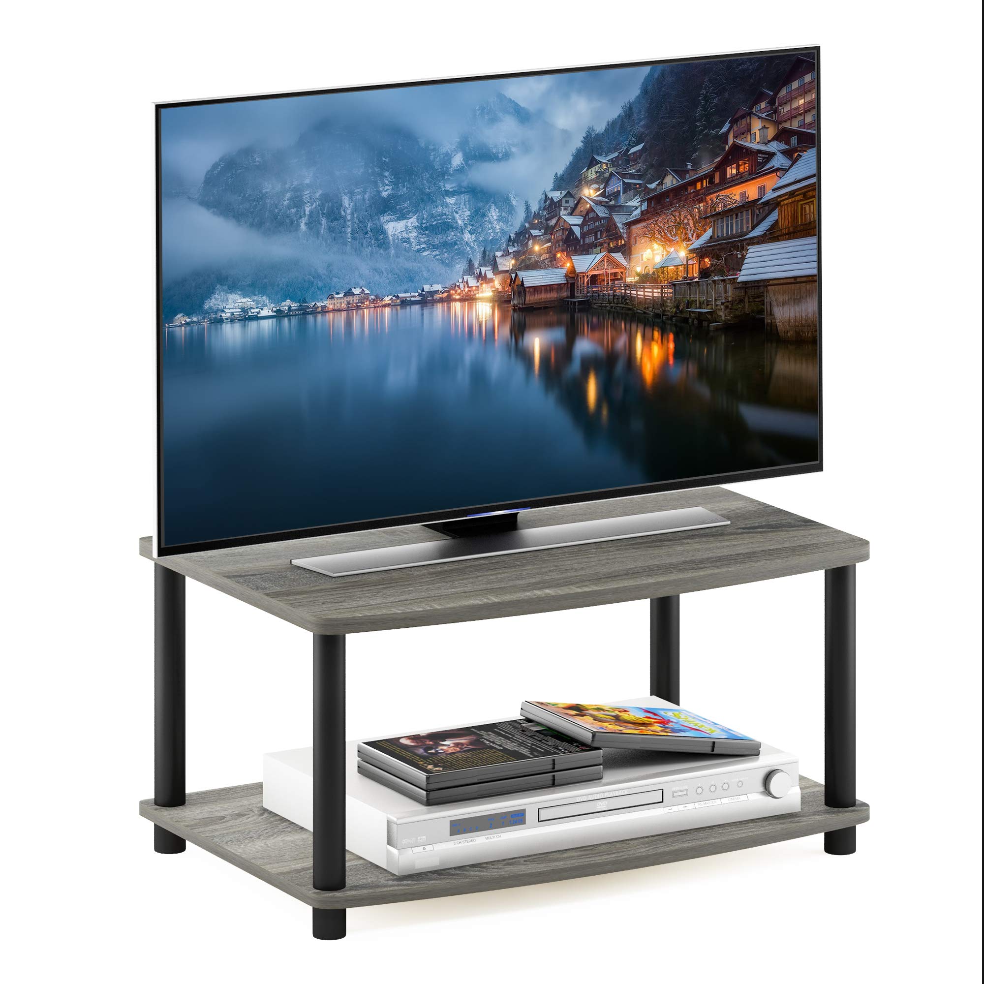 Furinno 13191GYW/BK Turn-N-Tube No Tools 2-Tier Elevated TV Stands, Oak Grey/Black