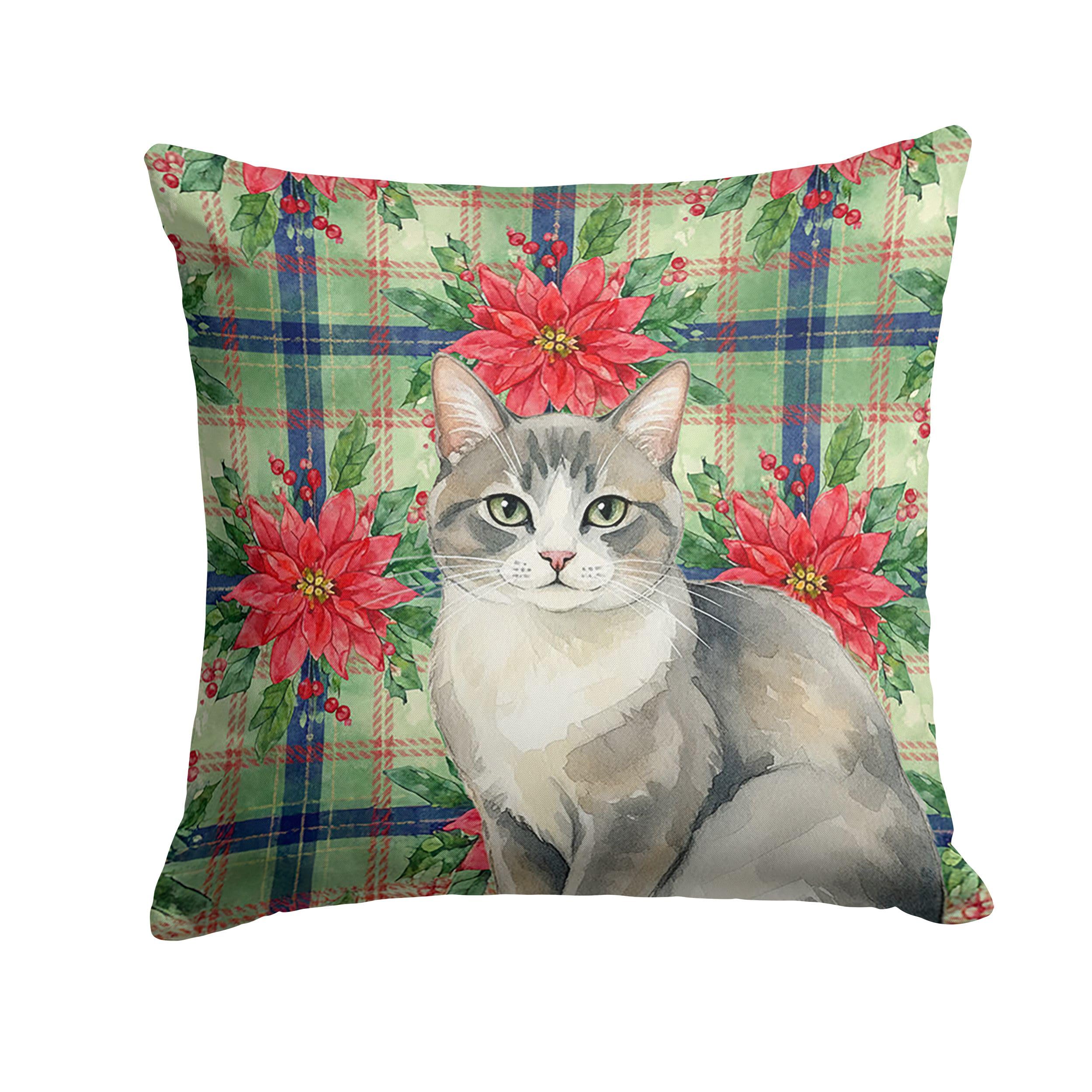 Carolines Treasures Gray and White Cat with Poinsettias Throw Pillow Decorative Indoor Outdoor Accent Cushion for Couch, Bed or Patio, 14Hx14W