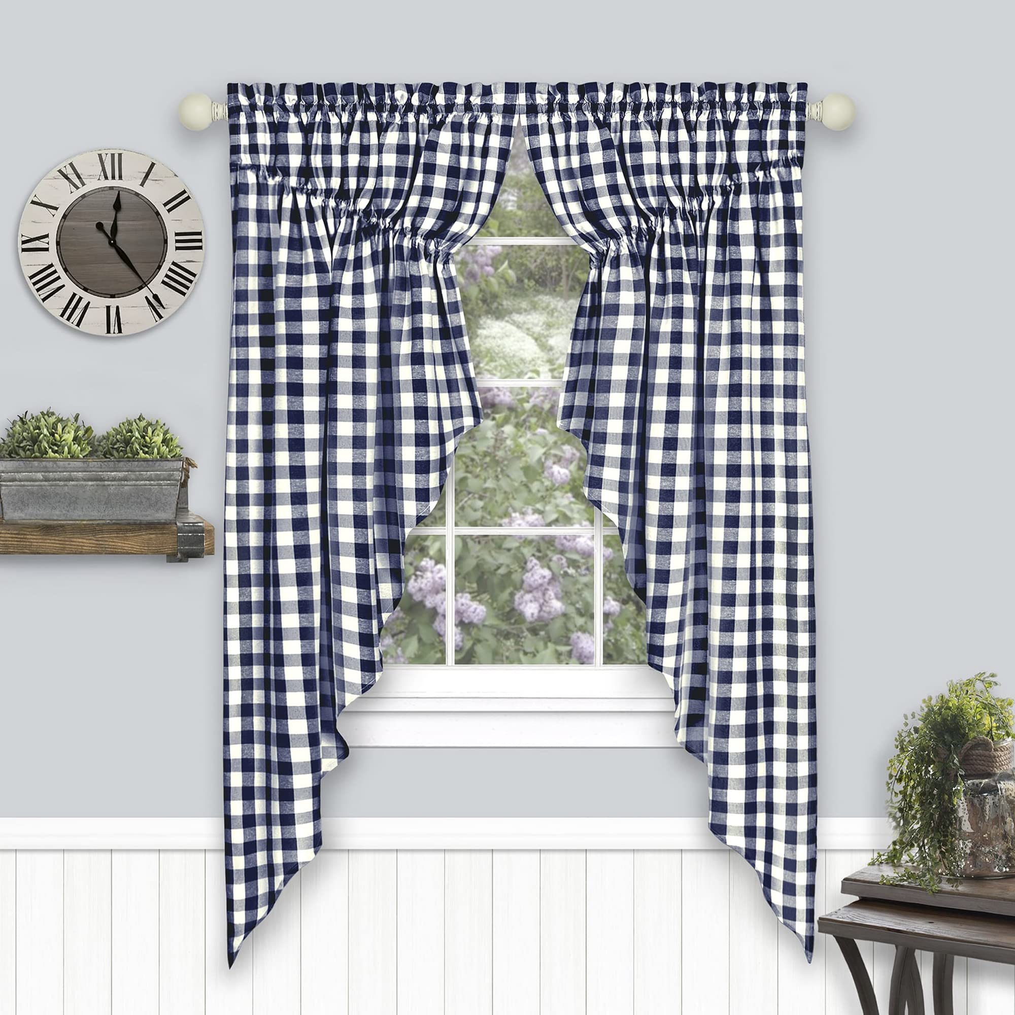 Buffalo Check Gathered Swag Window Curtain Pair - 72x63 - Navy