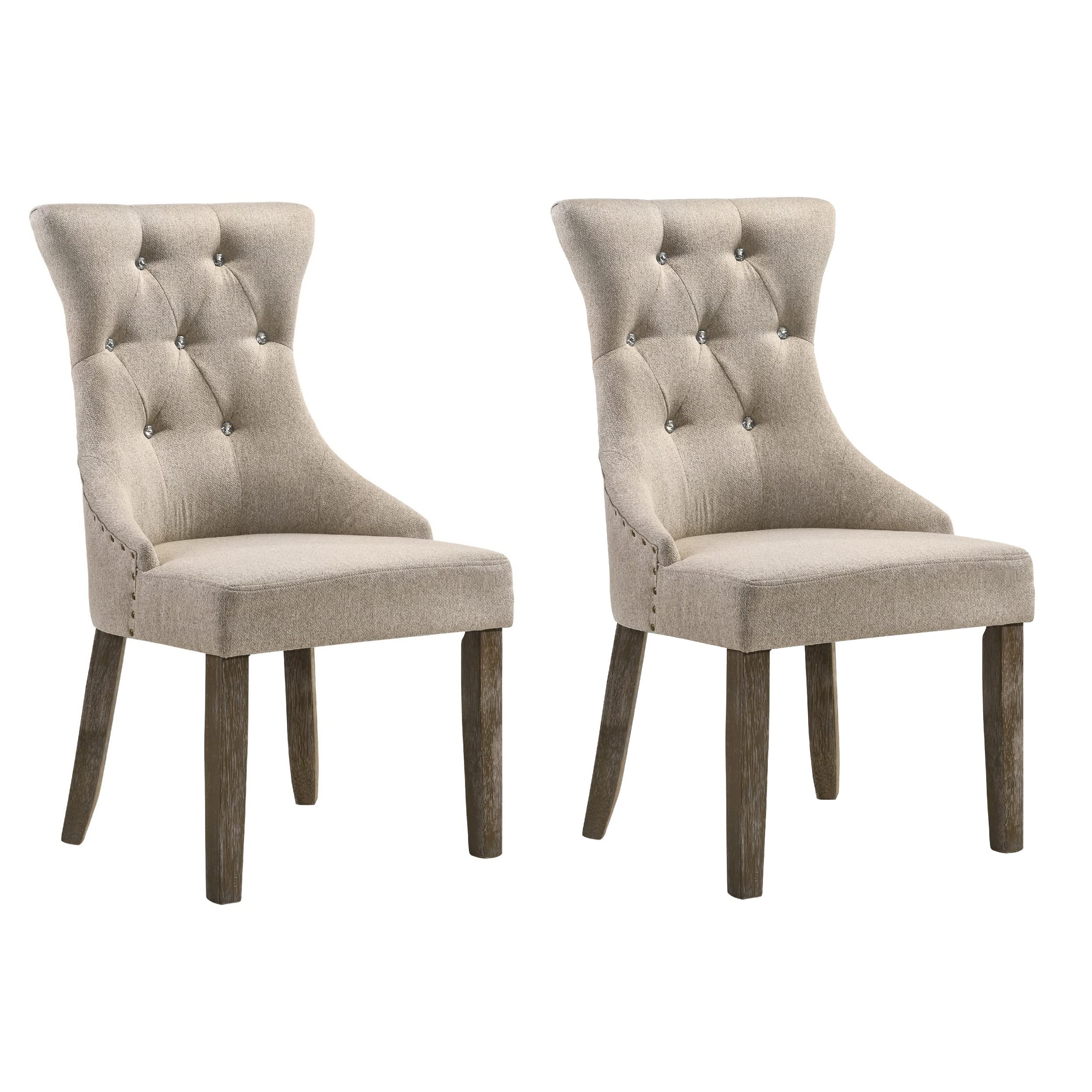 Wooden Chair with Fabric Upholstered Seating, Set of 2,Beige and Brown