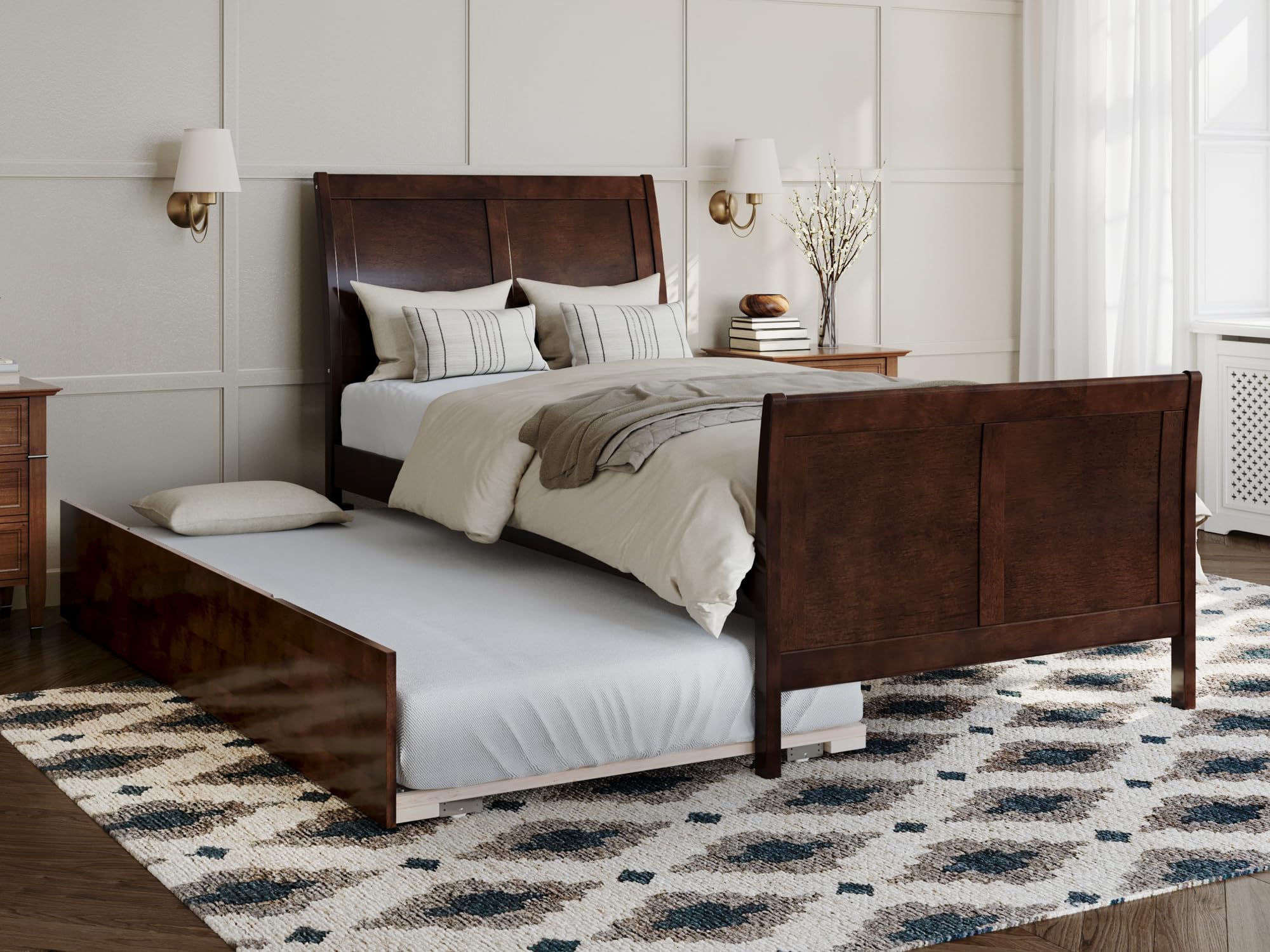 Portland Twin Extra Long Bed with Matching Footboard and Twin Extra Long Trundle in Walnut