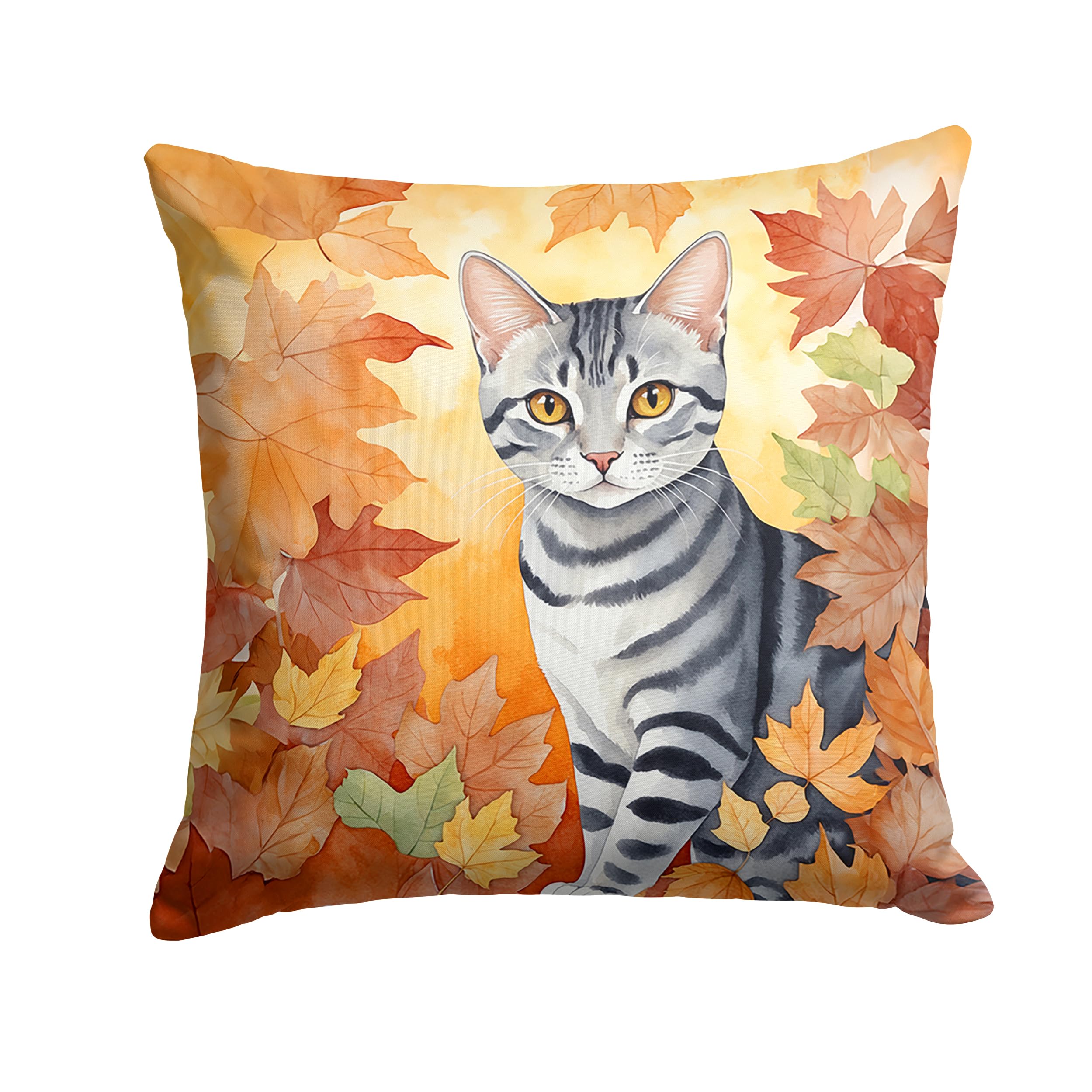 Carolines Treasures American Shorthair Cat in Fall Leaves Throw Pillow Machine Washable, Indoor Outdoor Decorative Pillow for Couch, Bed or Patio, 18Hx18W