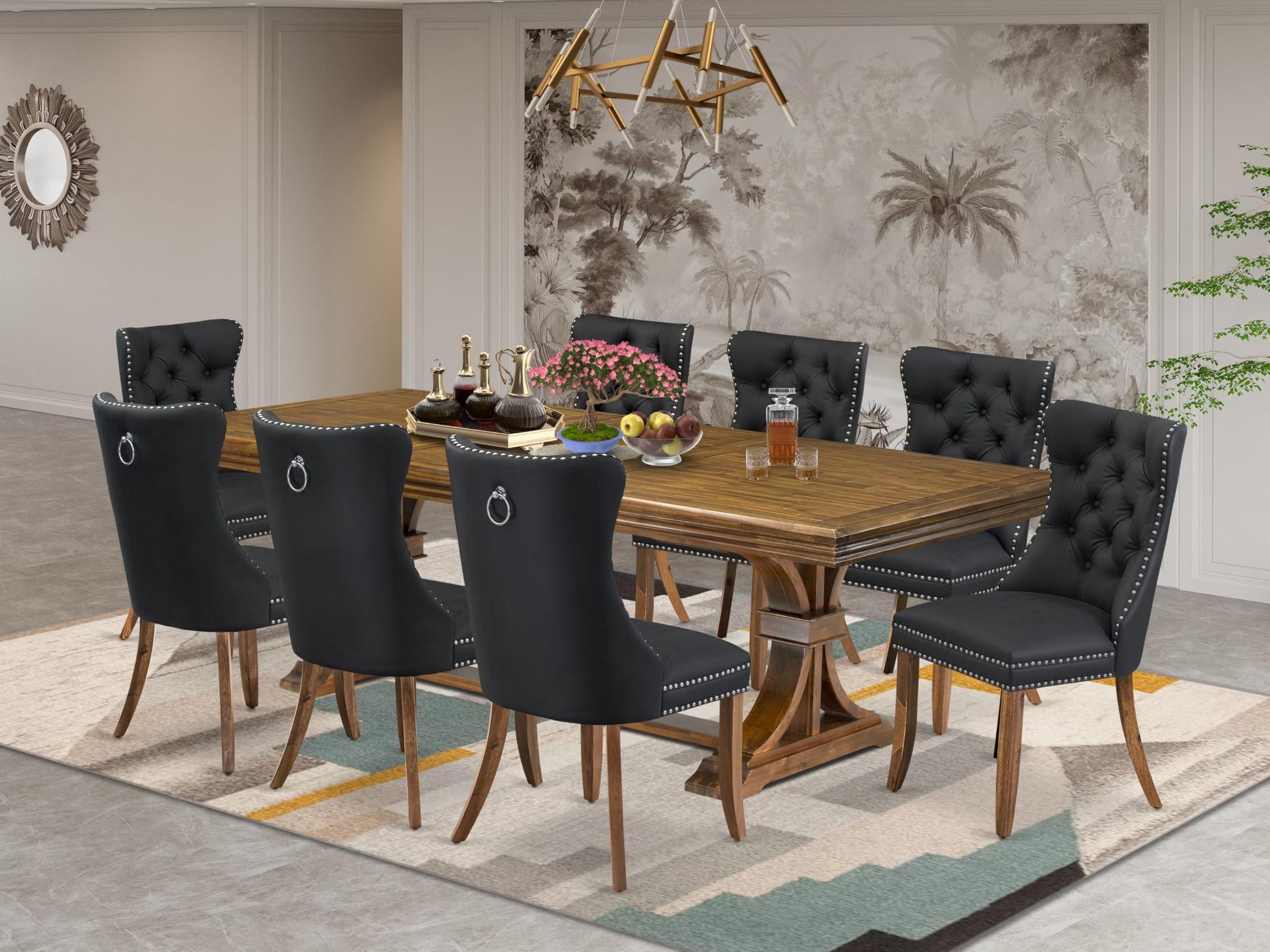 9 piece Dining Table Set of a Dining Table and 8 Dark Grey Dining Chairs