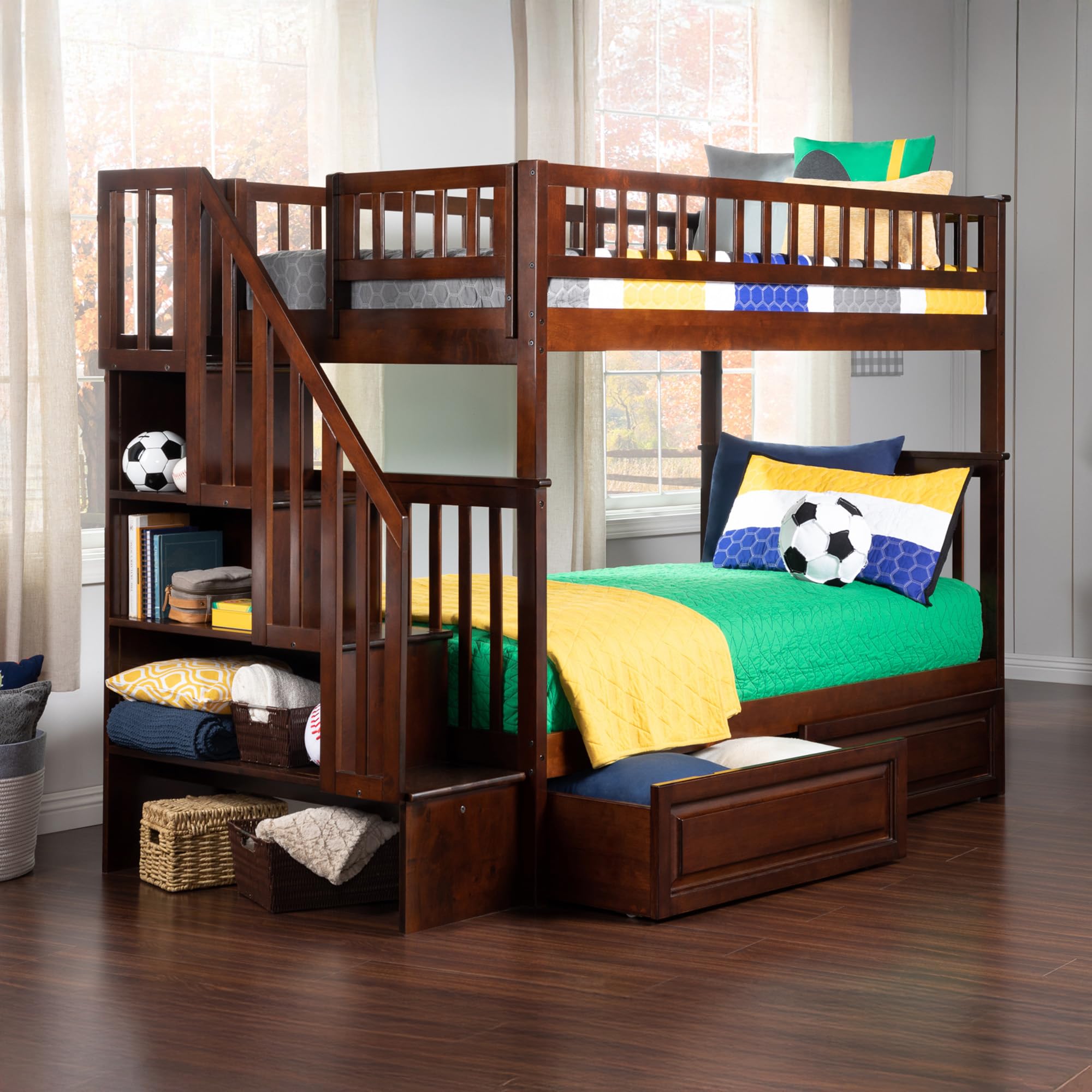 Woodland Twin over Twin Solid Wood Staircase Bunk Bed with 2 Raised Panel Storage Drawers in Walnut