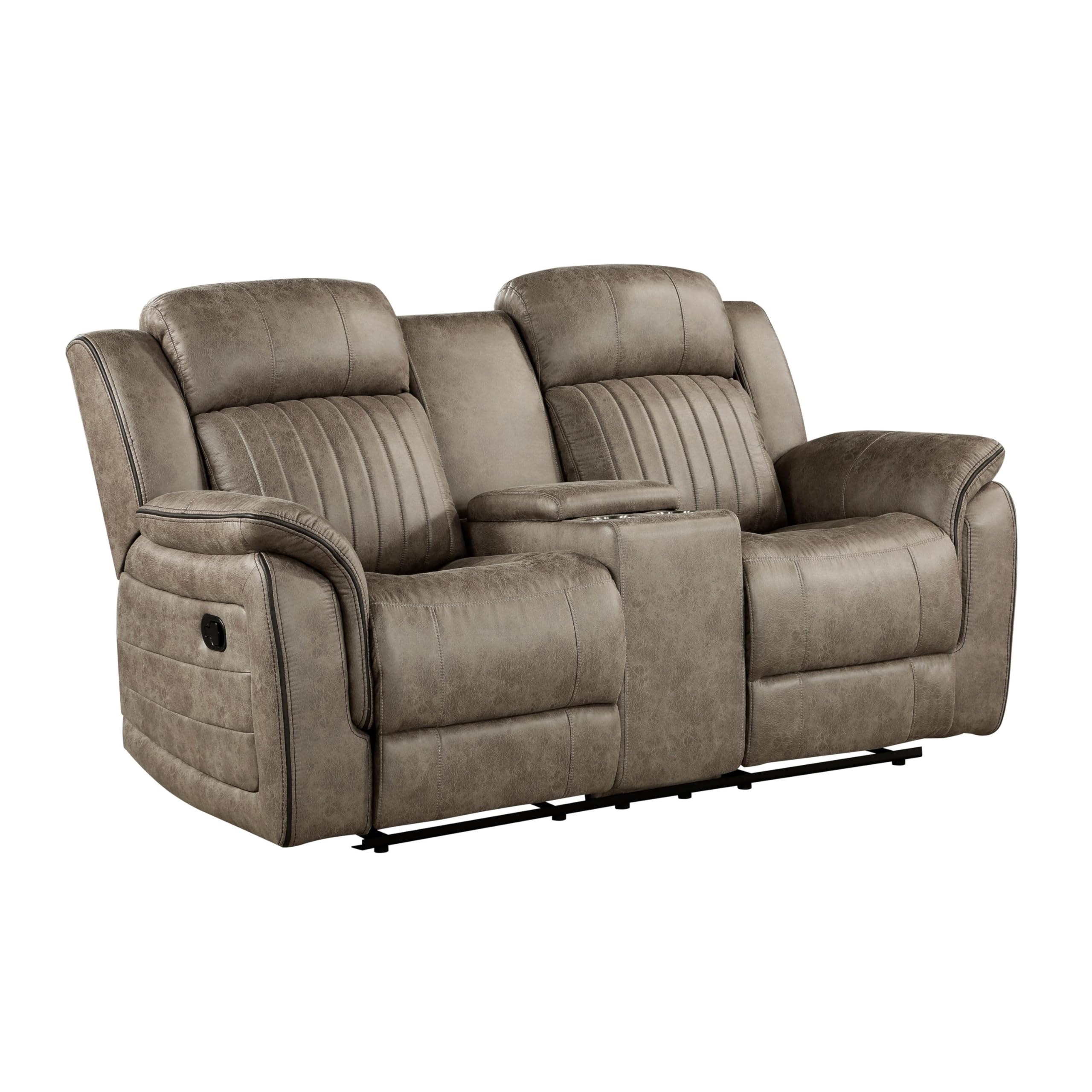 Bento 74 Inch Manual Recliner Loveseat, Console, Sandy Brown Microfiber