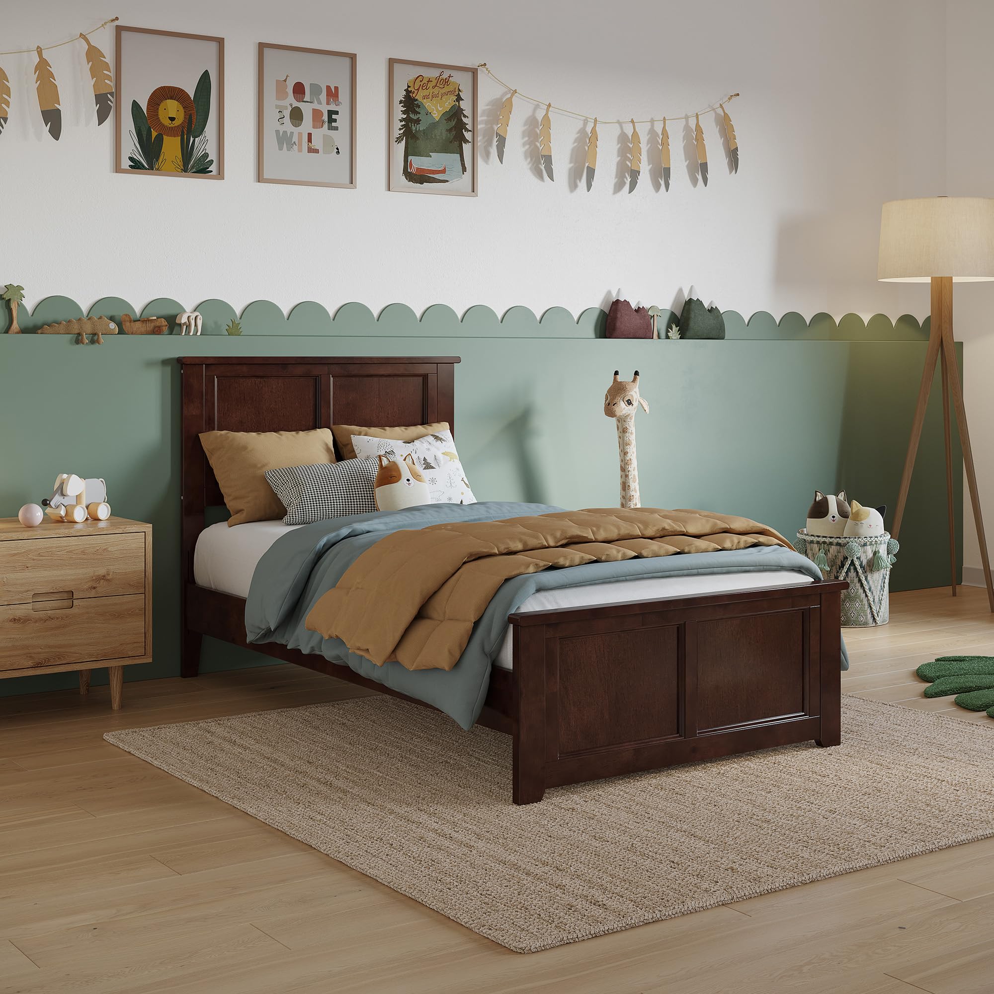 Charlotte Twin Solid Wood Low Profile Platform Bed with Matching Footboard in Walnut
