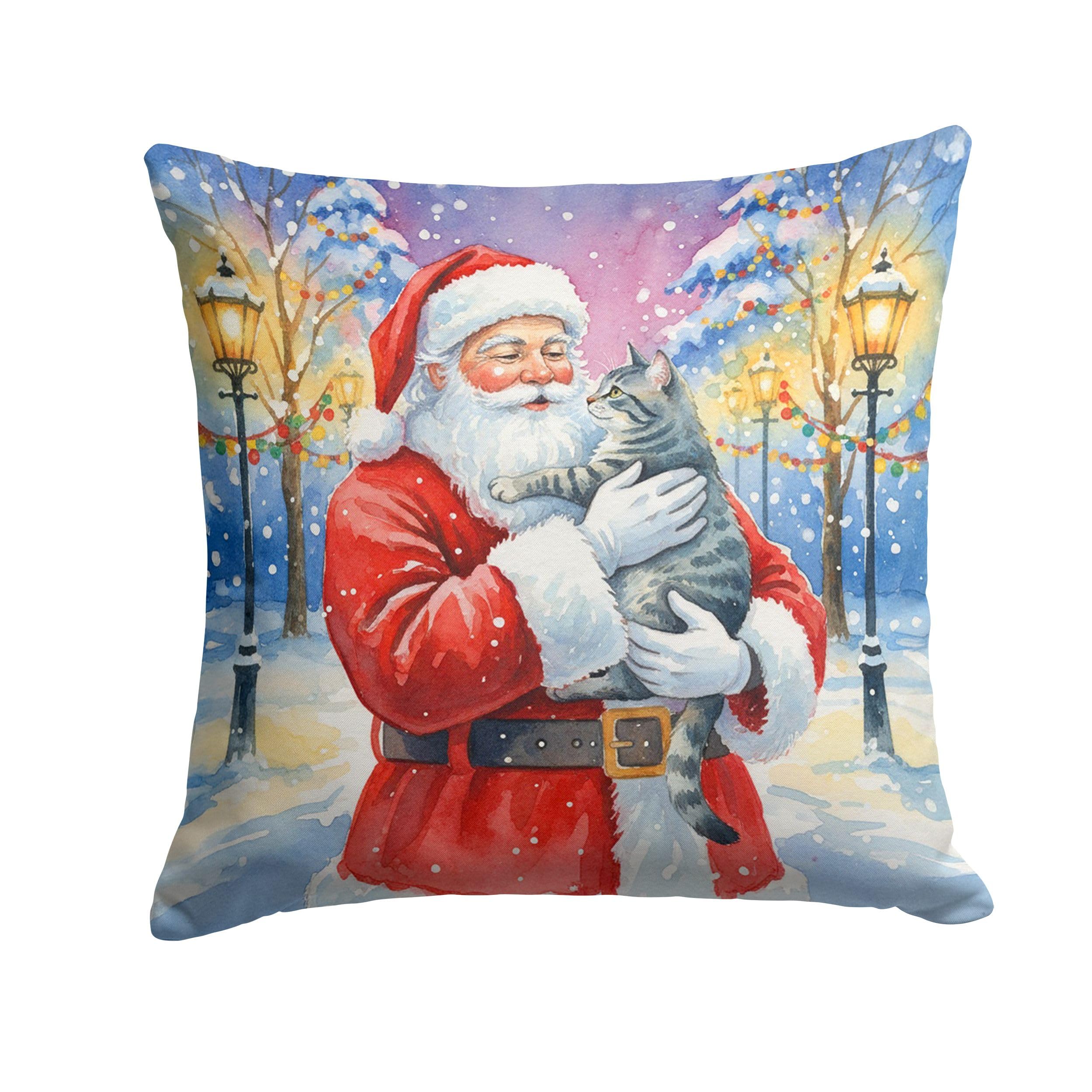 Carolines Treasures Gray Mackerel Tabby Cat with Santa Claus Throw Pillow Decorative Indoor Outdoor Accent Cushion for Couch, Bed or Patio, 18Hx18W
