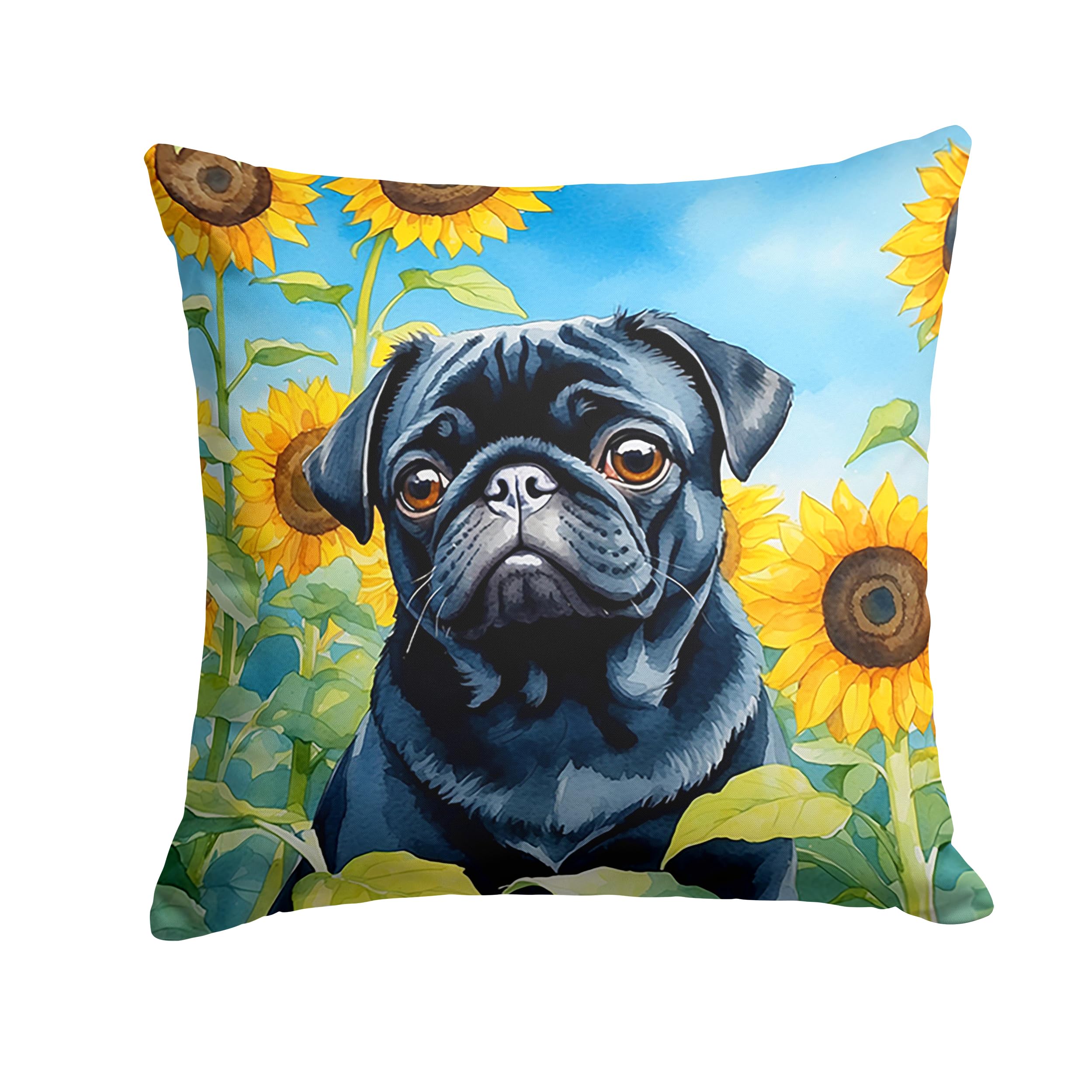 Carolines Treasures in Sunflowers Throw Pillow, 18Hx18W, Pug 6144