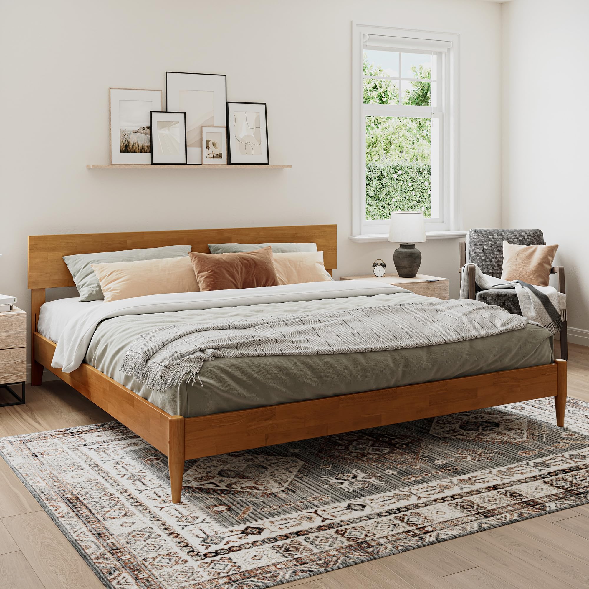 Aria King Solid Wood Modern Low Profile Platform Bed in Light Toffee