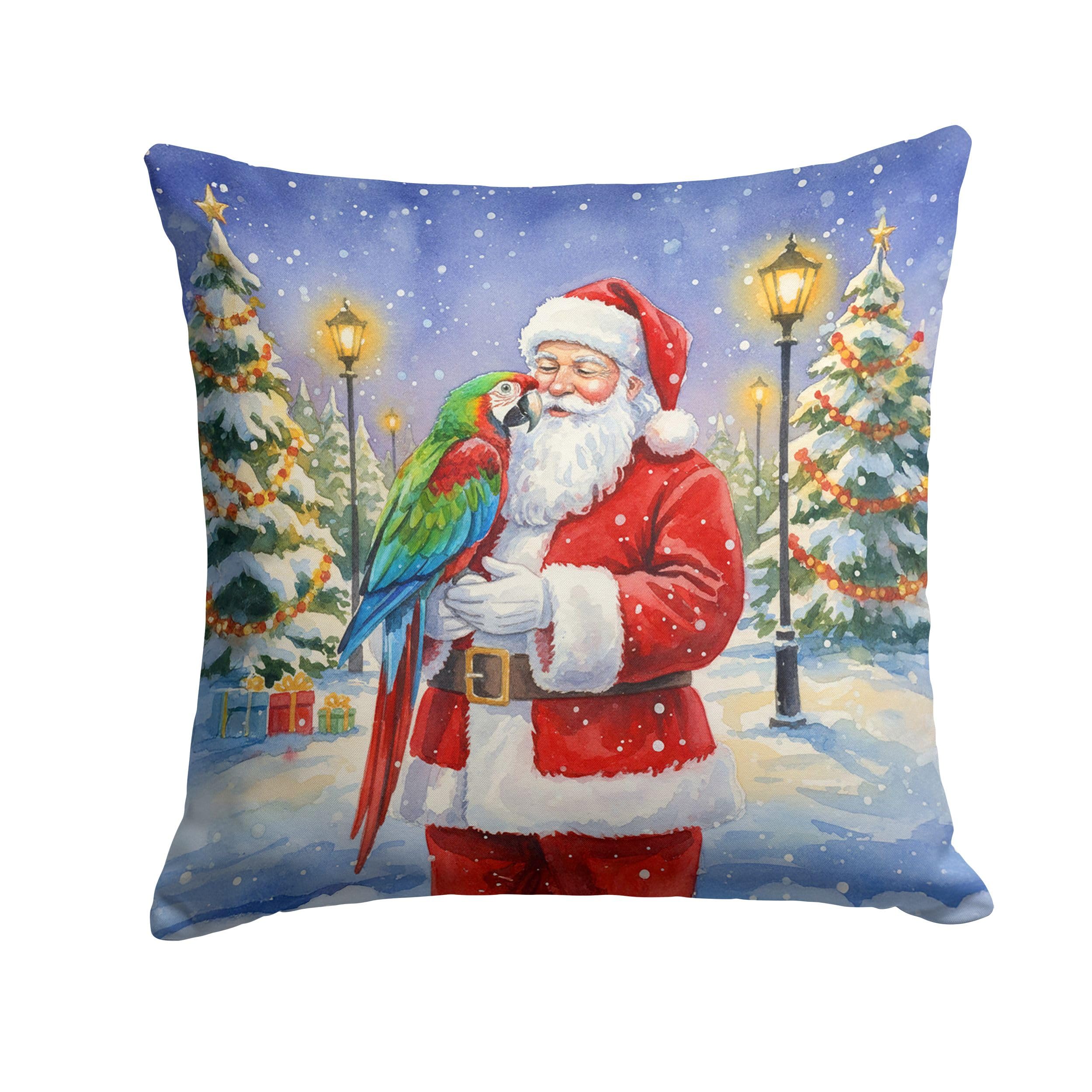 Carolines Treasures Green Winged Macaw Parrot with Santa Claus Throw Pillow Decorative Indoor Outdoor Accent Cushion for Couch, Bed or Patio, 14Hx14W