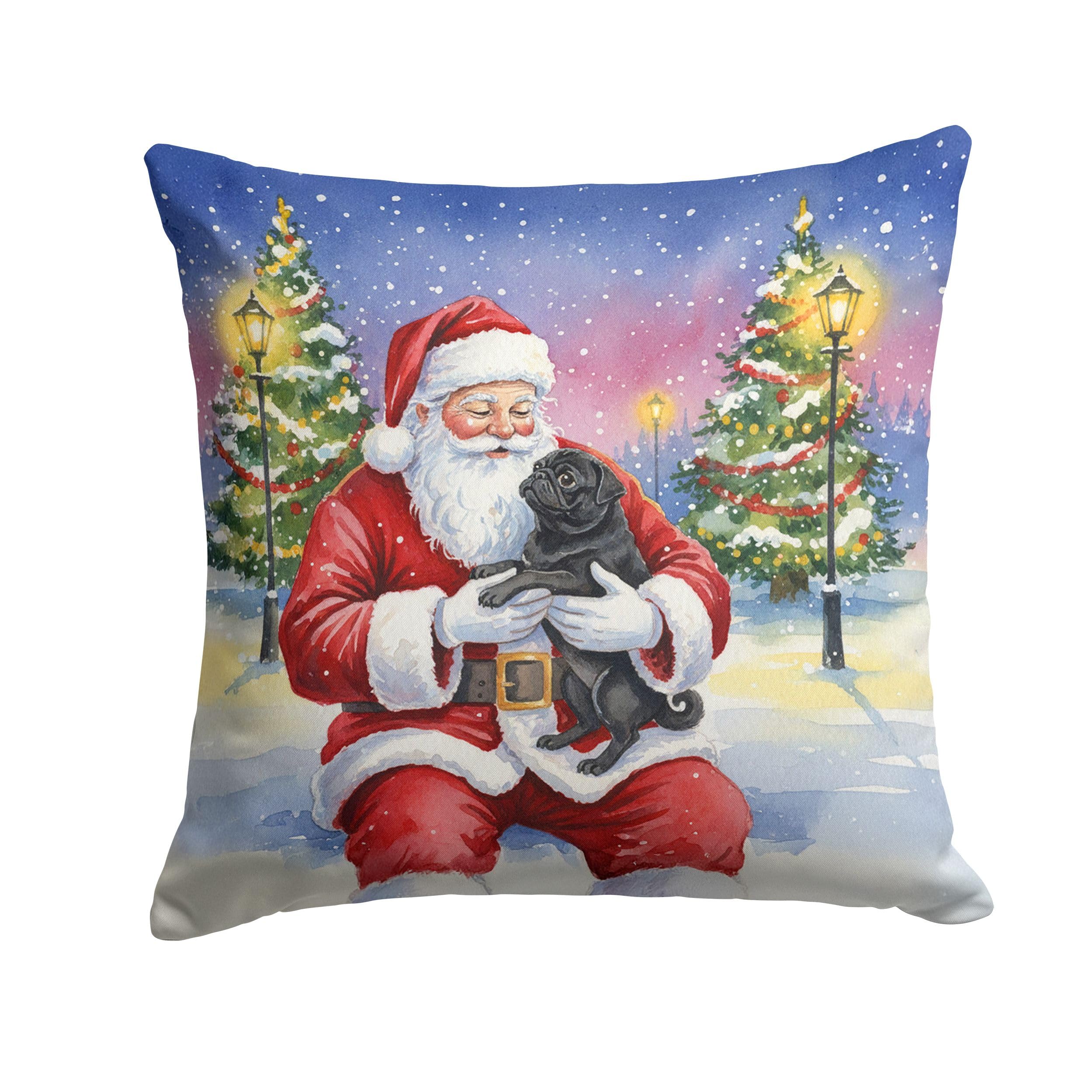 Carolines Treasures Black Pug with Santa Claus Throw Pillow Decorative Indoor Outdoor Accent Cushion for Couch, Bed or Patio, 14Hx14W