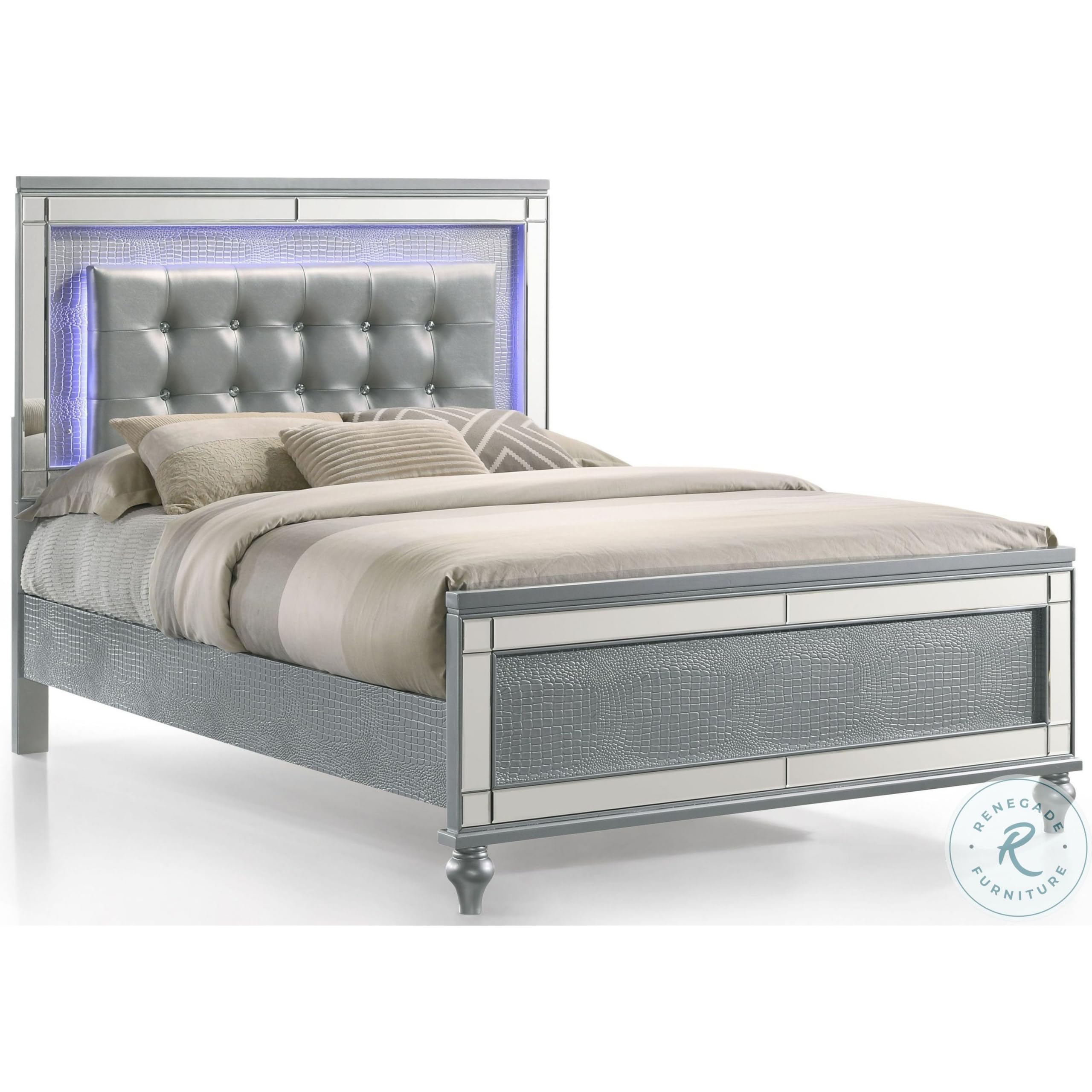 Lee Queen Size Bed, LED, Tufted Faux Leather Upholstery, Textured Silver