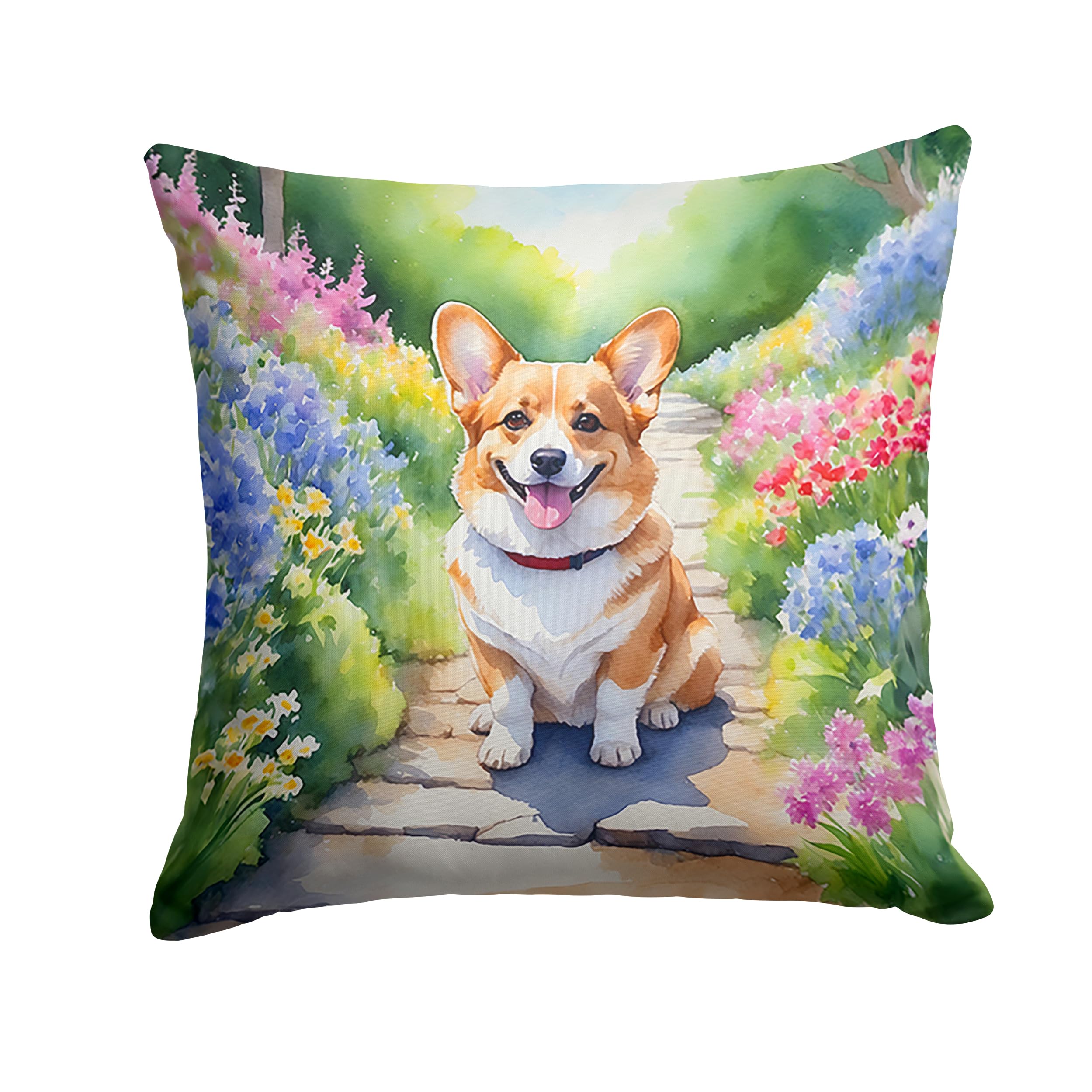 Carolines Treasures Corgi Spring Path Throw Pillow Machine Washable, Indoor Outdoor Decorative Pillow for Couch, Bed or Patio, 18Hx18W