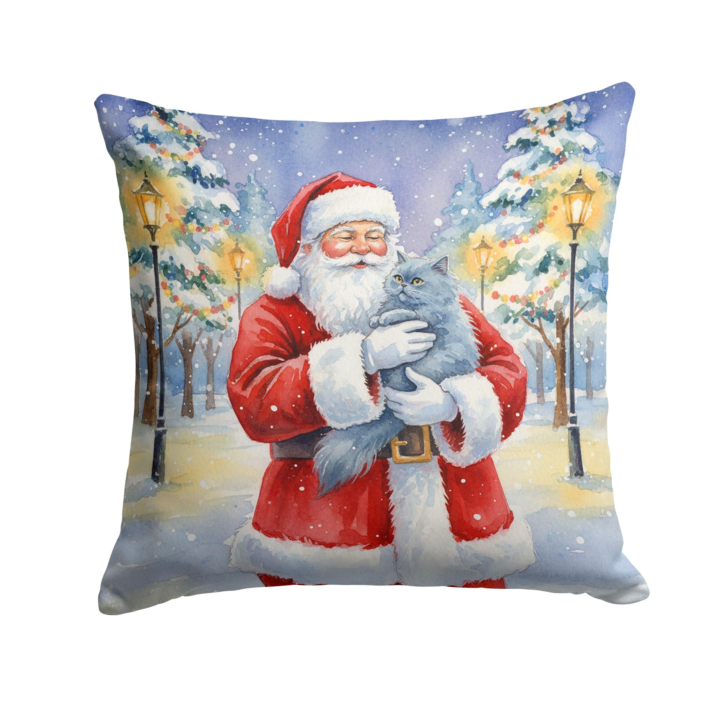 Carolines Treasures Persian Blue Cat with Santa Claus Throw Pillow Decorative Indoor Outdoor Accent Cushion for Couch, Bed or Patio, 14Hx14W