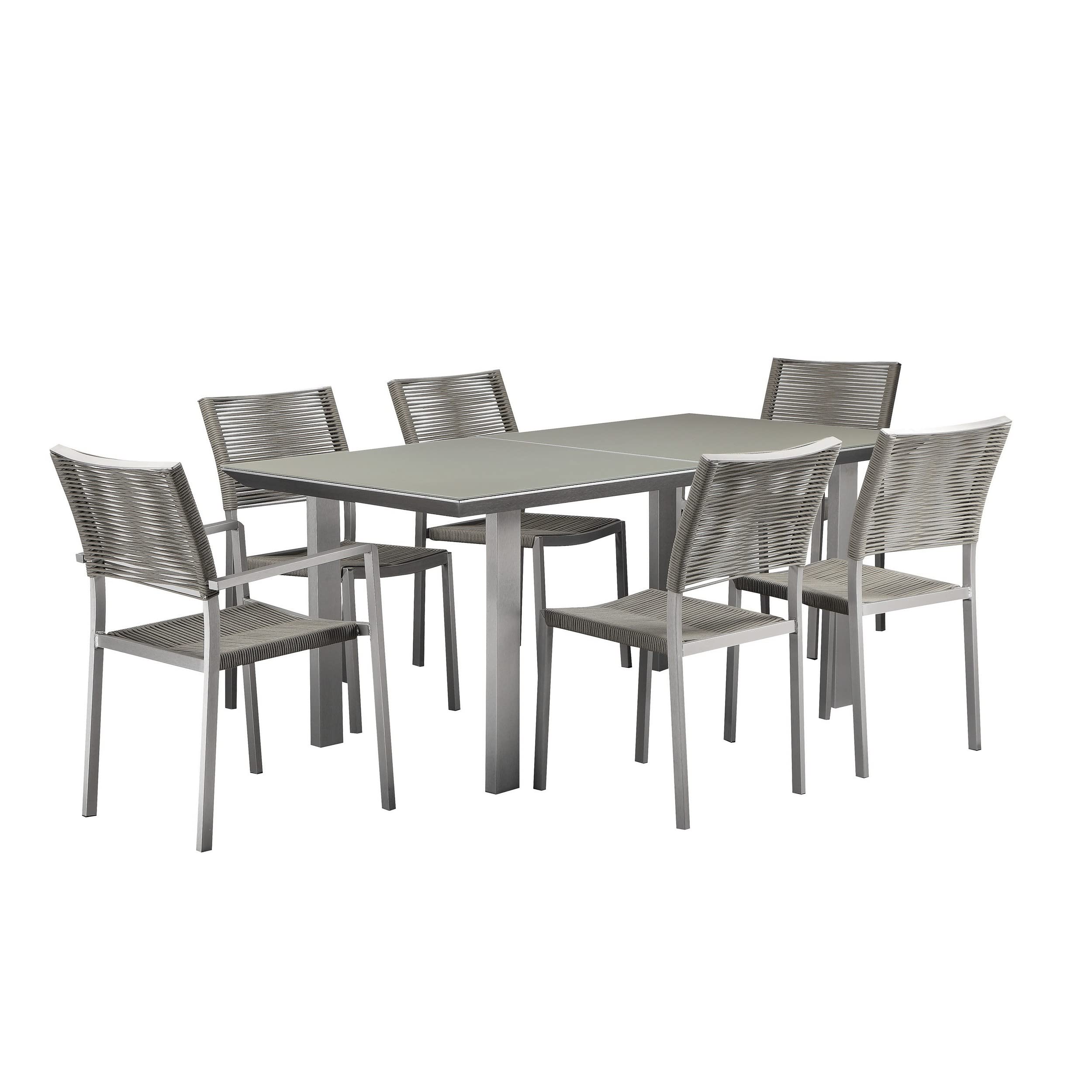 Kylo 7 Piece Dining Table Set, Aluminum, Gray Rope Weave Backrest and Seat