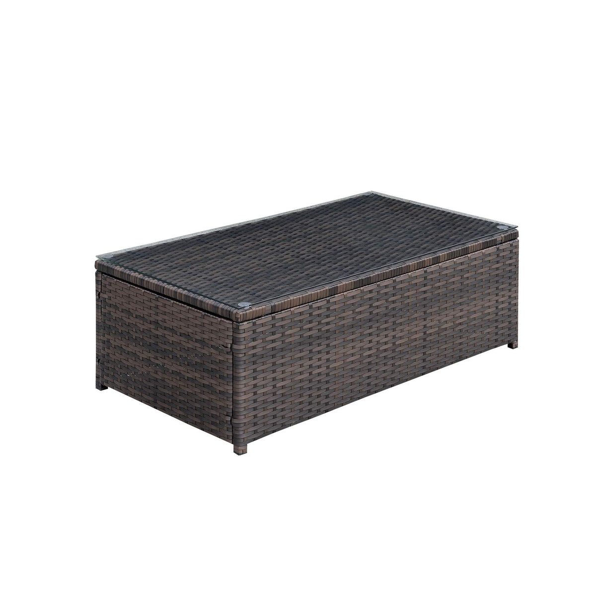 Benjara Rectangular Faux Rattan And Aluminum Coffee Table With Glass Top, Brown