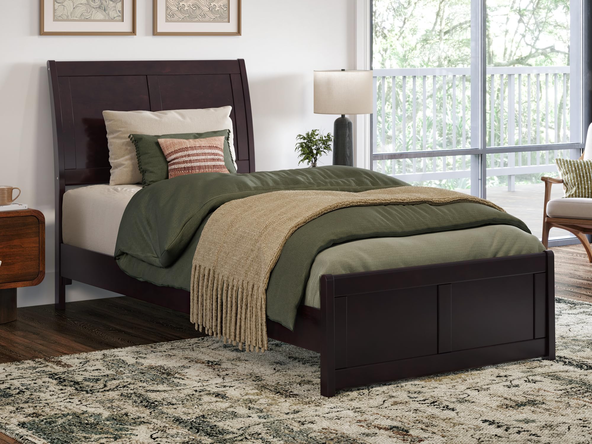 Valencia Twin XL Solid Wood Low Profile Sleigh Platform Bed with Matching Footboard in Espresso