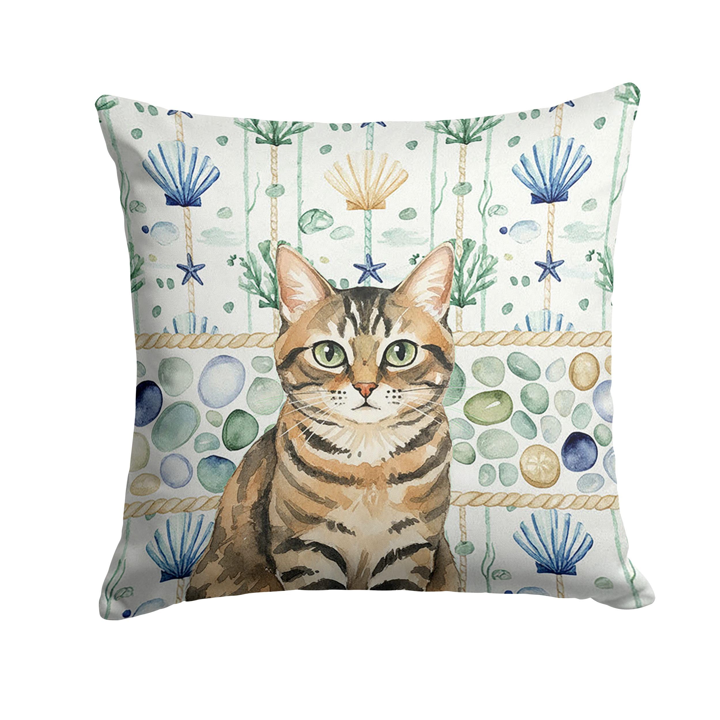 Carolines Treasures Mackerel Tabby Brown Cat Coastal Sea Glass Throw Pillow Decorative Indoor Outdoor Accent Cushion for Couch, Bed or Patio, 14Hx14W