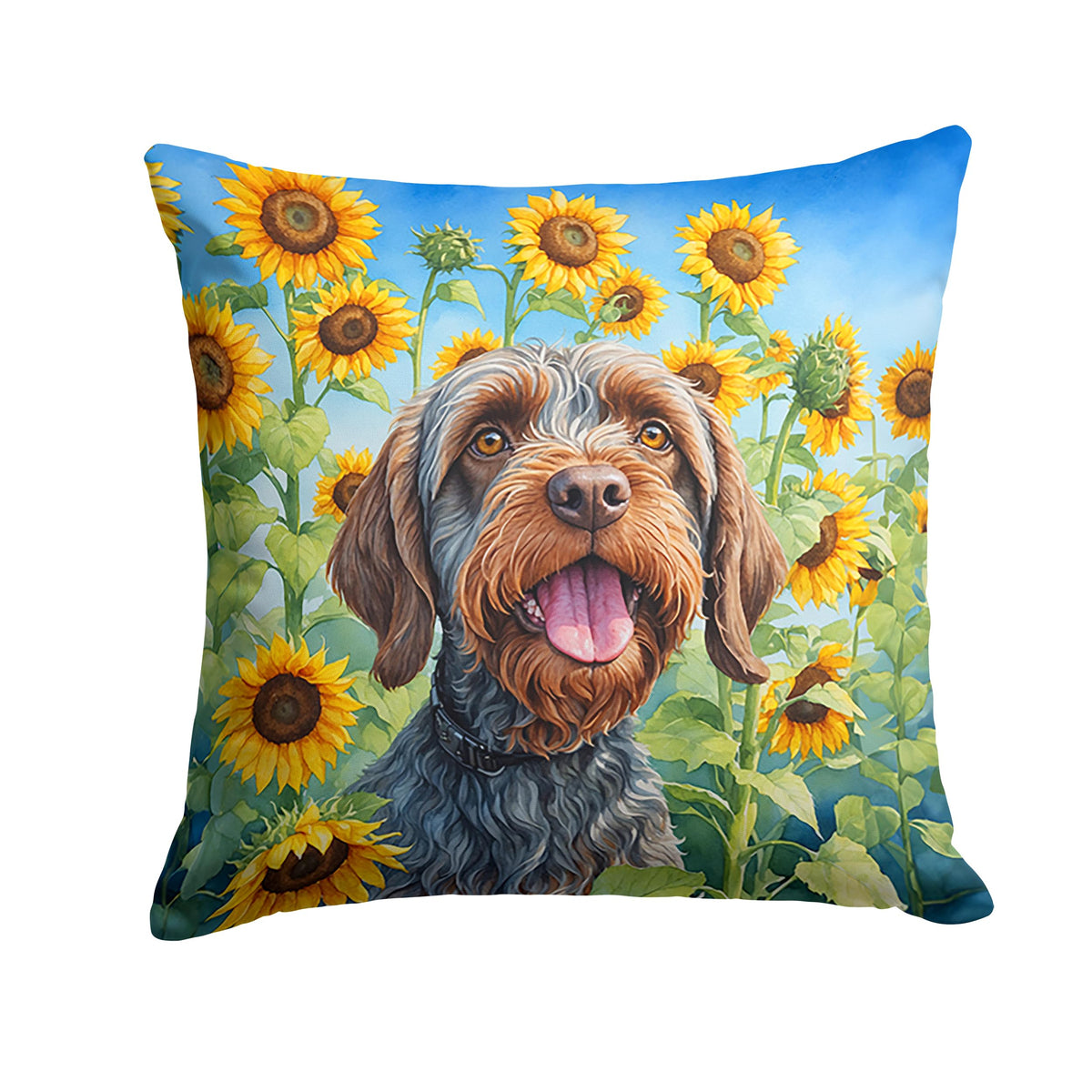 Wirehaired Pointing Griffon In Sunflowers Throw Pillow