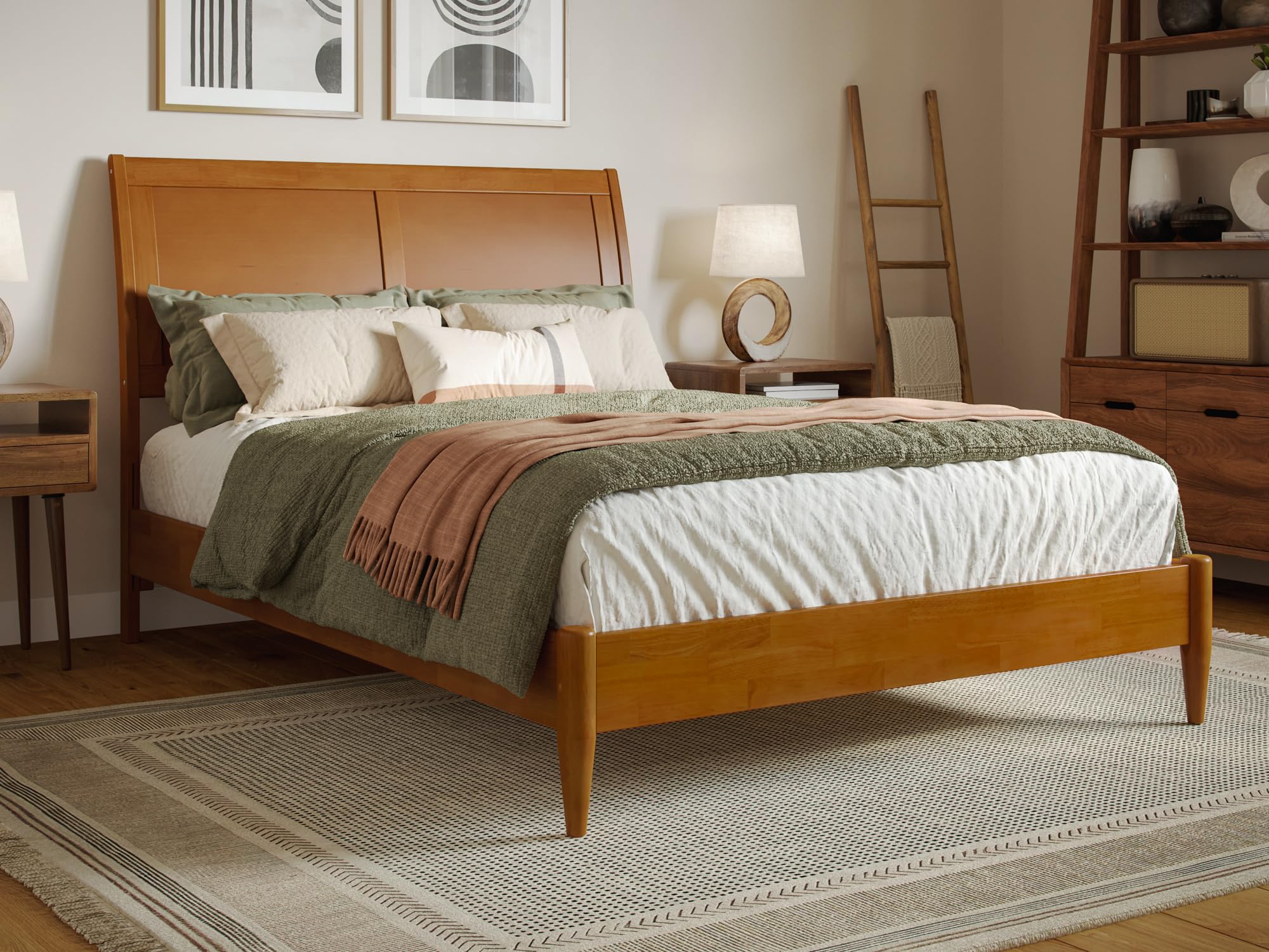 Valencia Full Solid Wood Low Profile Sleigh Platform Bed in Light Toffee