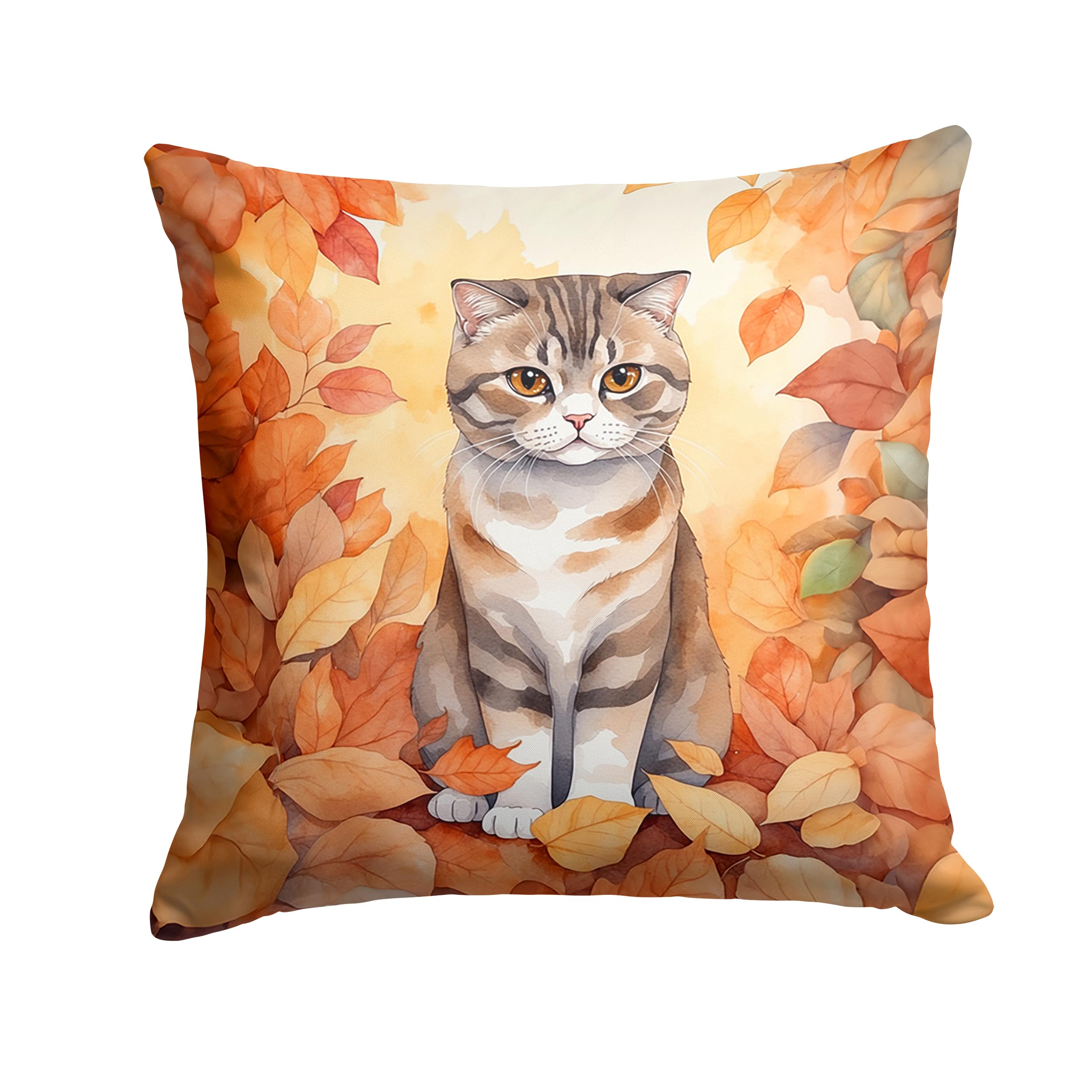 Carolines Treasures Scottish Fold Cat in Fall Leaves Throw Pillow Machine Washable, Indoor Outdoor Decorative Pillow for Couch, Bed or Patio, 14Hx14W