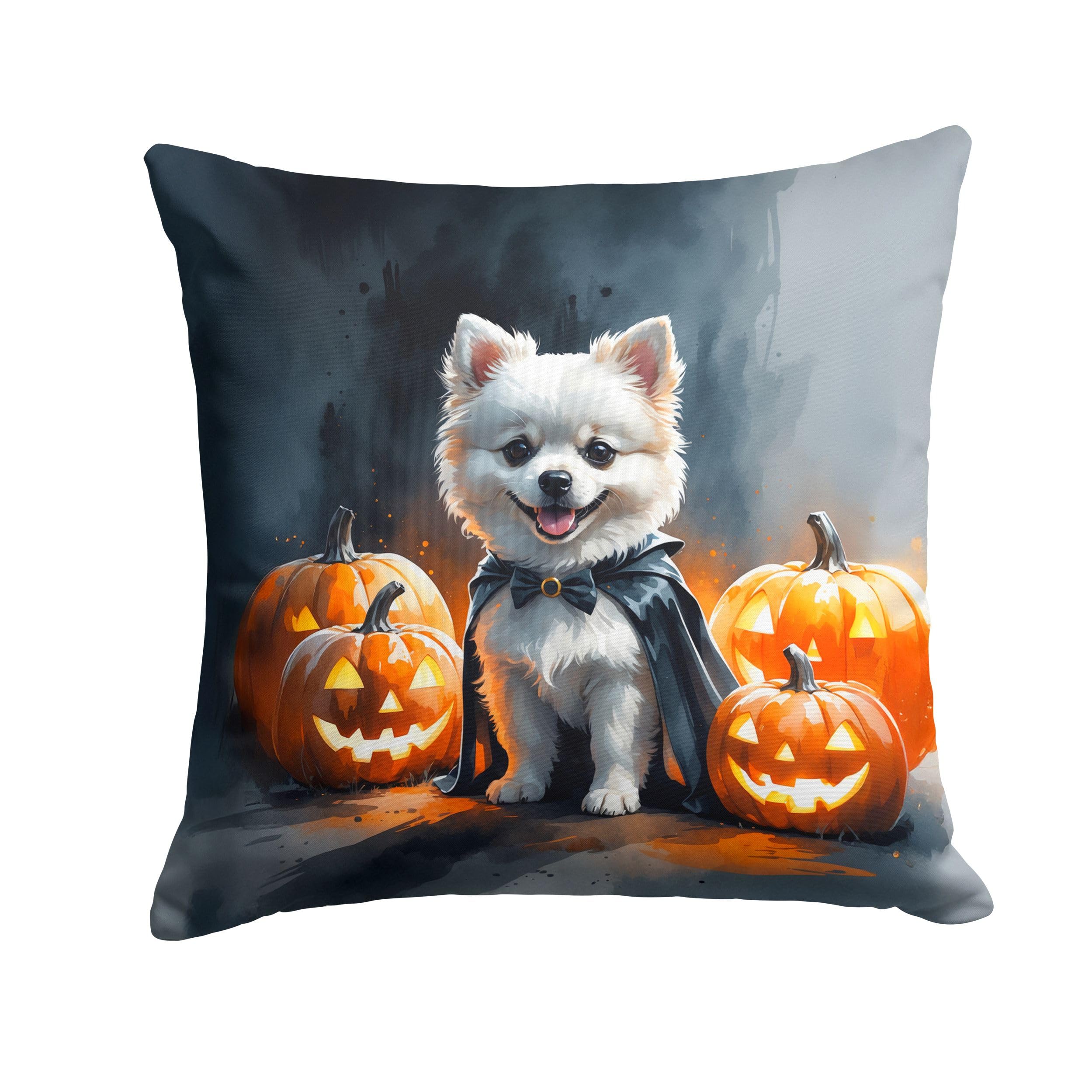Carolines Treasures White Pomeranian Puppy Halloween Throw Pillow Machine Washable, Indoor Outdoor Decorative Pillow for Couch, Bed or Patio, 14Hx14W