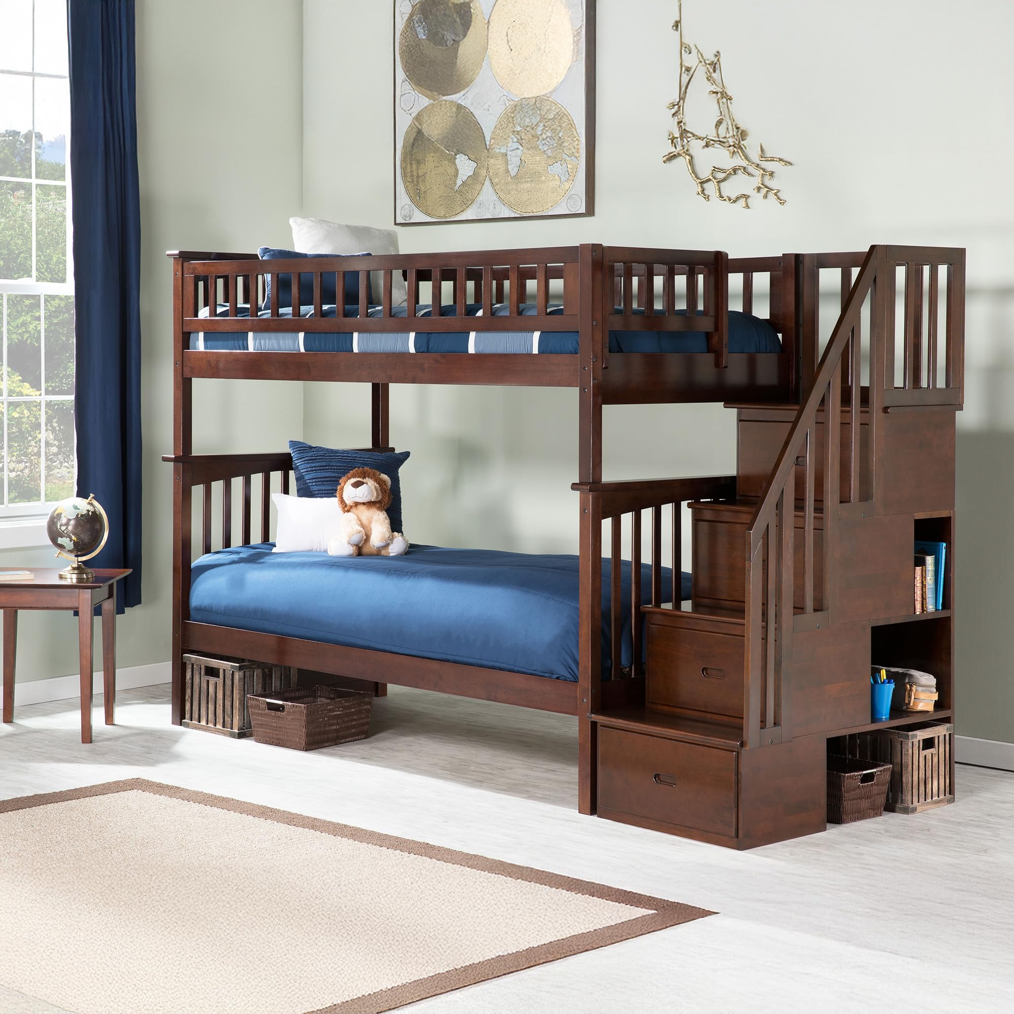 Columbia Twin over Twin Solid Wood Staircase Bunk Bed in Walnut
