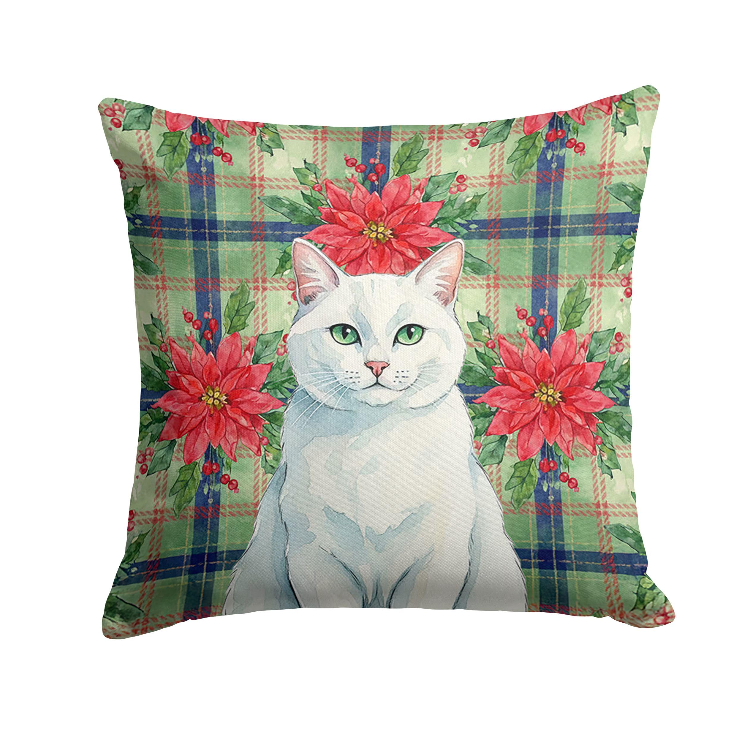 Carolines Treasures Solid White Cat with Poinsettias Throw Pillow Decorative Indoor Outdoor Accent Cushion for Couch, Bed or Patio, 14Hx14W