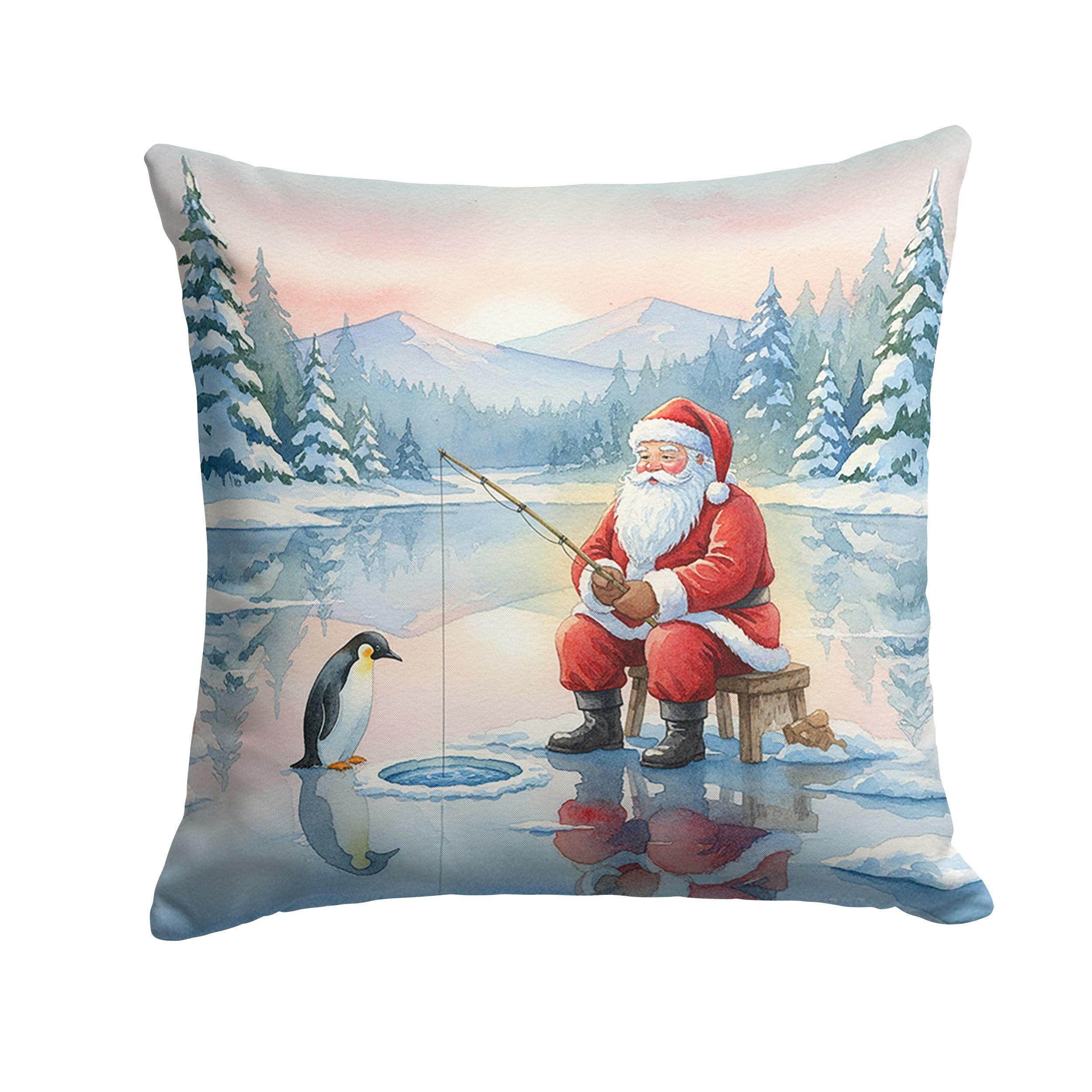 Carolines Treasures Santa Claus Ice Fishing on The Lake Christmas Throw Pillow Decorative Indoor Outdoor Accent Cushion for Couch, Bed or Patio, 14Hx14W