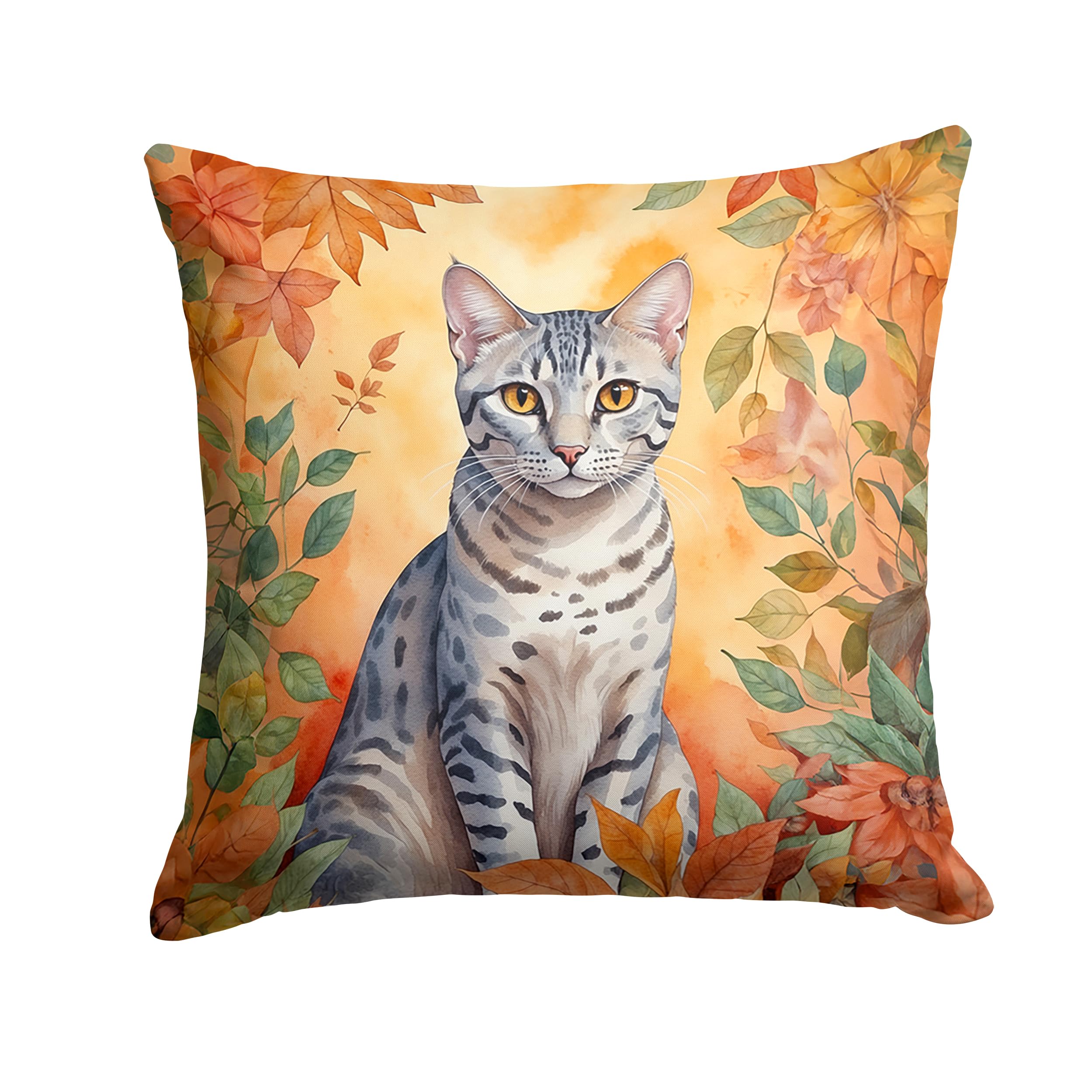 Carolines Treasures Egyptian Mau Cat in Fall Leaves Throw Pillow Machine Washable, Indoor Outdoor Decorative Pillow for Couch, Bed or Patio, 14Hx14W