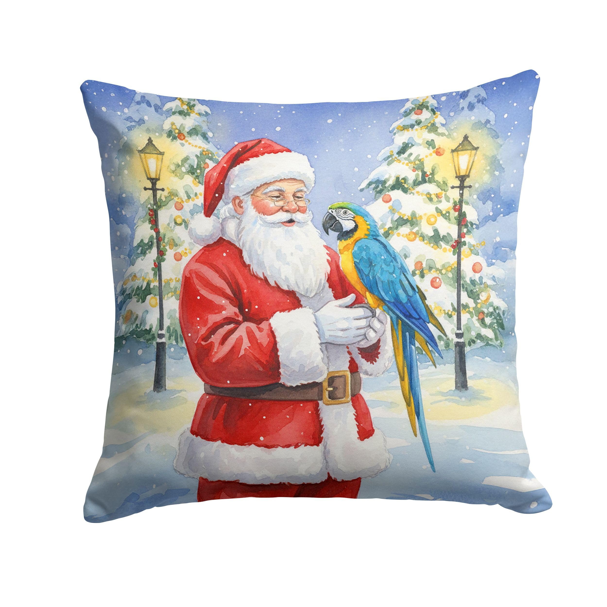 Carolines Treasures Blue and Gold Macaw Parrot with Santa Claus Throw Pillow Decorative Indoor Outdoor Accent Cushion for Couch, Bed or Patio, 14Hx14W