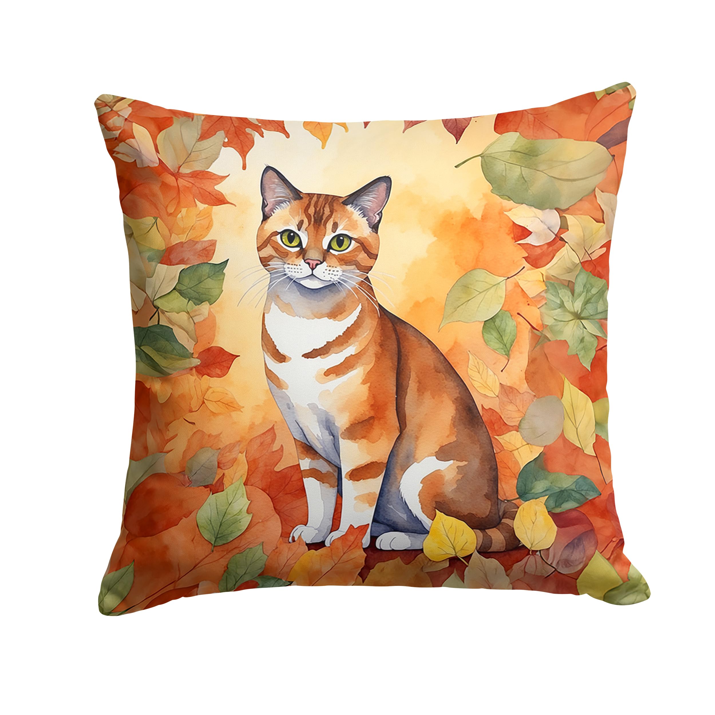 Carolines Treasures Malayan Cat in Fall Leaves Throw Pillow Machine Washable, Indoor Outdoor Decorative Pillow for Couch, Bed or Patio, 14Hx14W