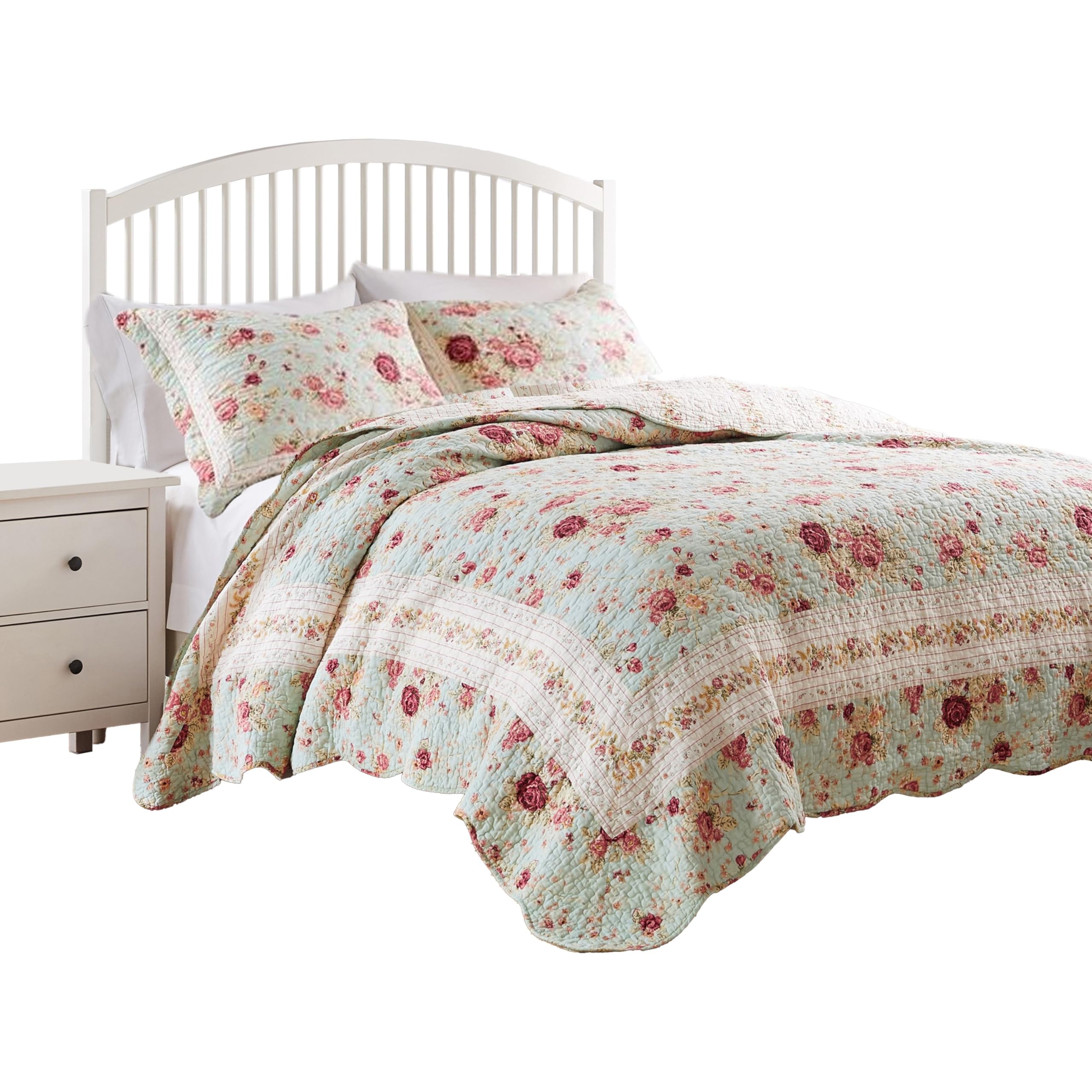 Rosle 3pc King Size Bedspread Set, 2 Shams, Rose Print, Soft Blue Cotton