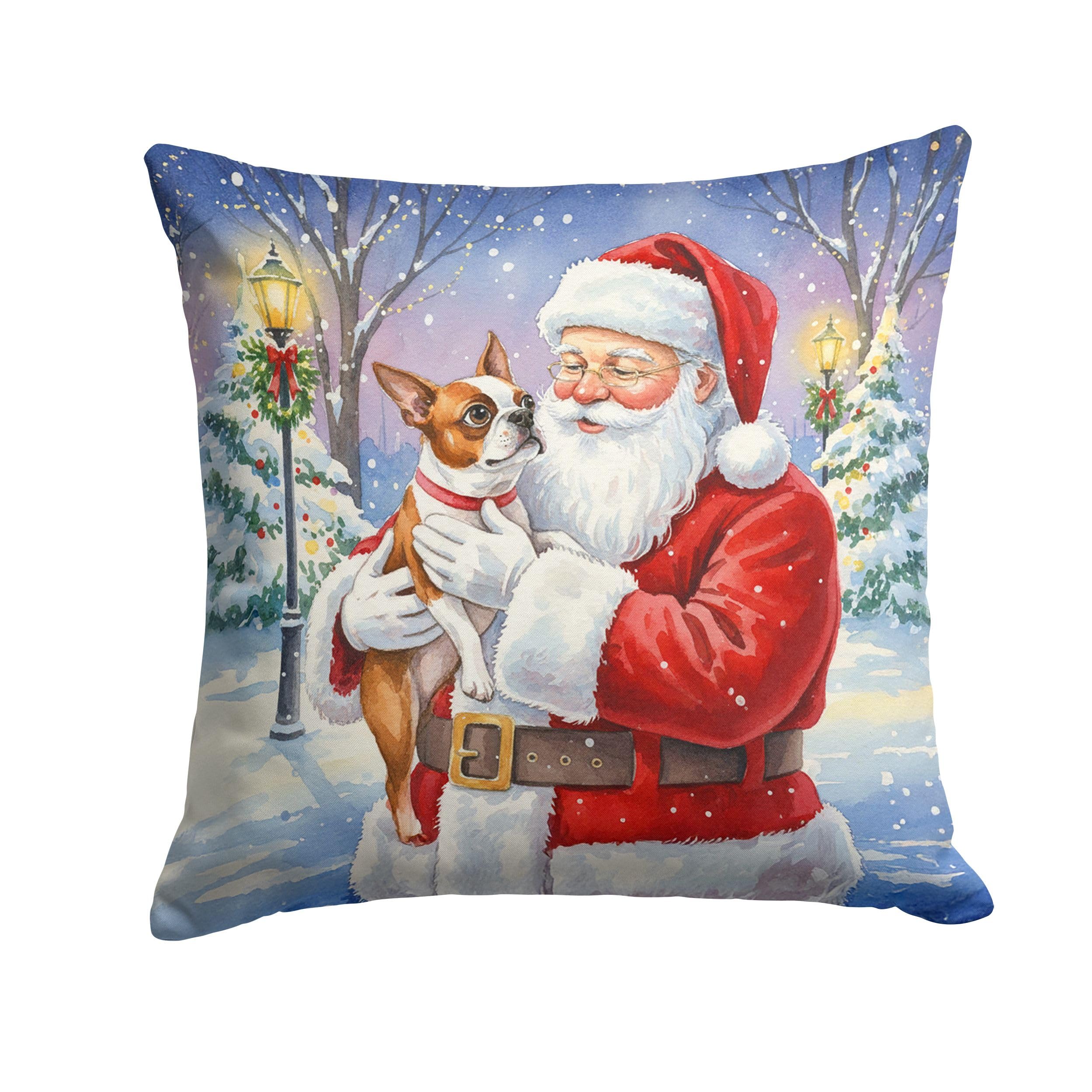 Carolines Treasures Red Boston Terrier with Santa Claus Throw Pillow Decorative Indoor Outdoor Accent Cushion for Couch, Bed or Patio, 14Hx14W